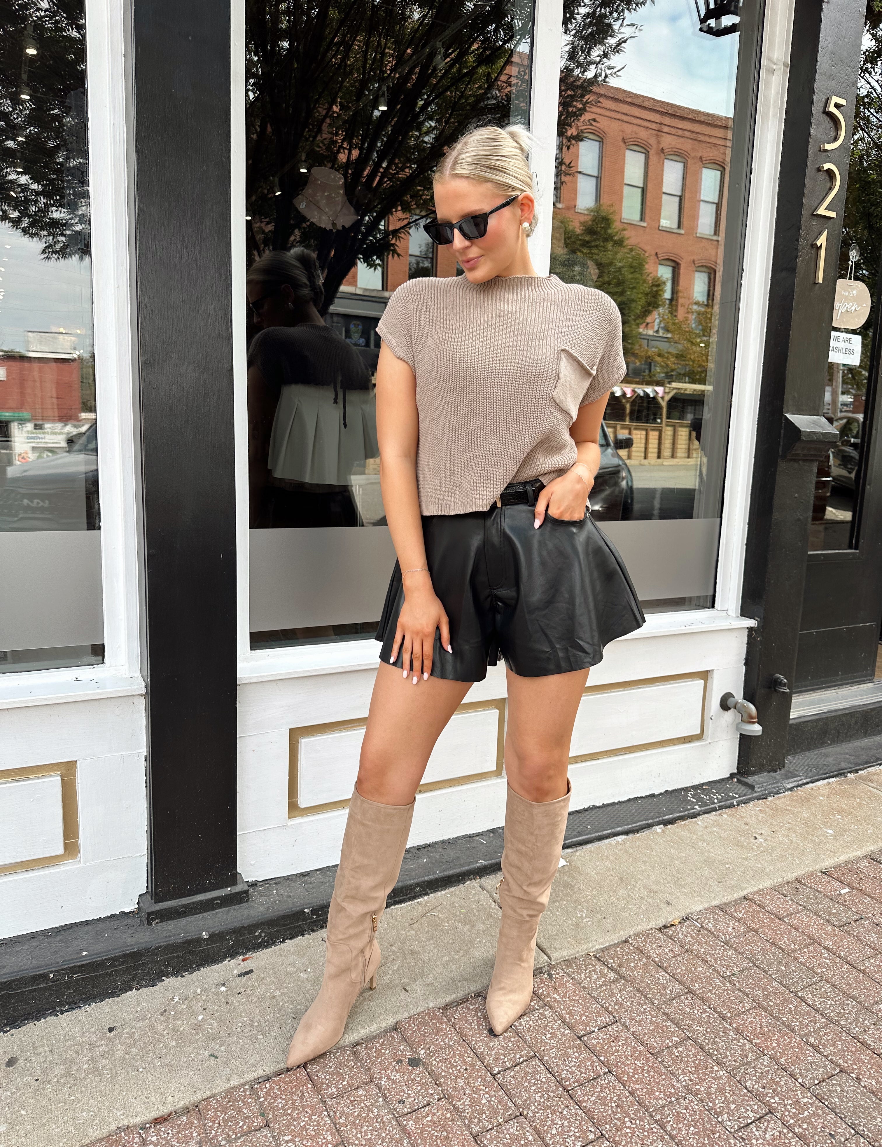 Taupe knit cropped short sleeve sweater with front pocket detail