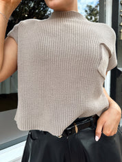 Taupe knit cropped short sleeve sweater with front pocket detail