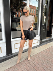 Taupe knit cropped short sleeve sweater with front pocket detail