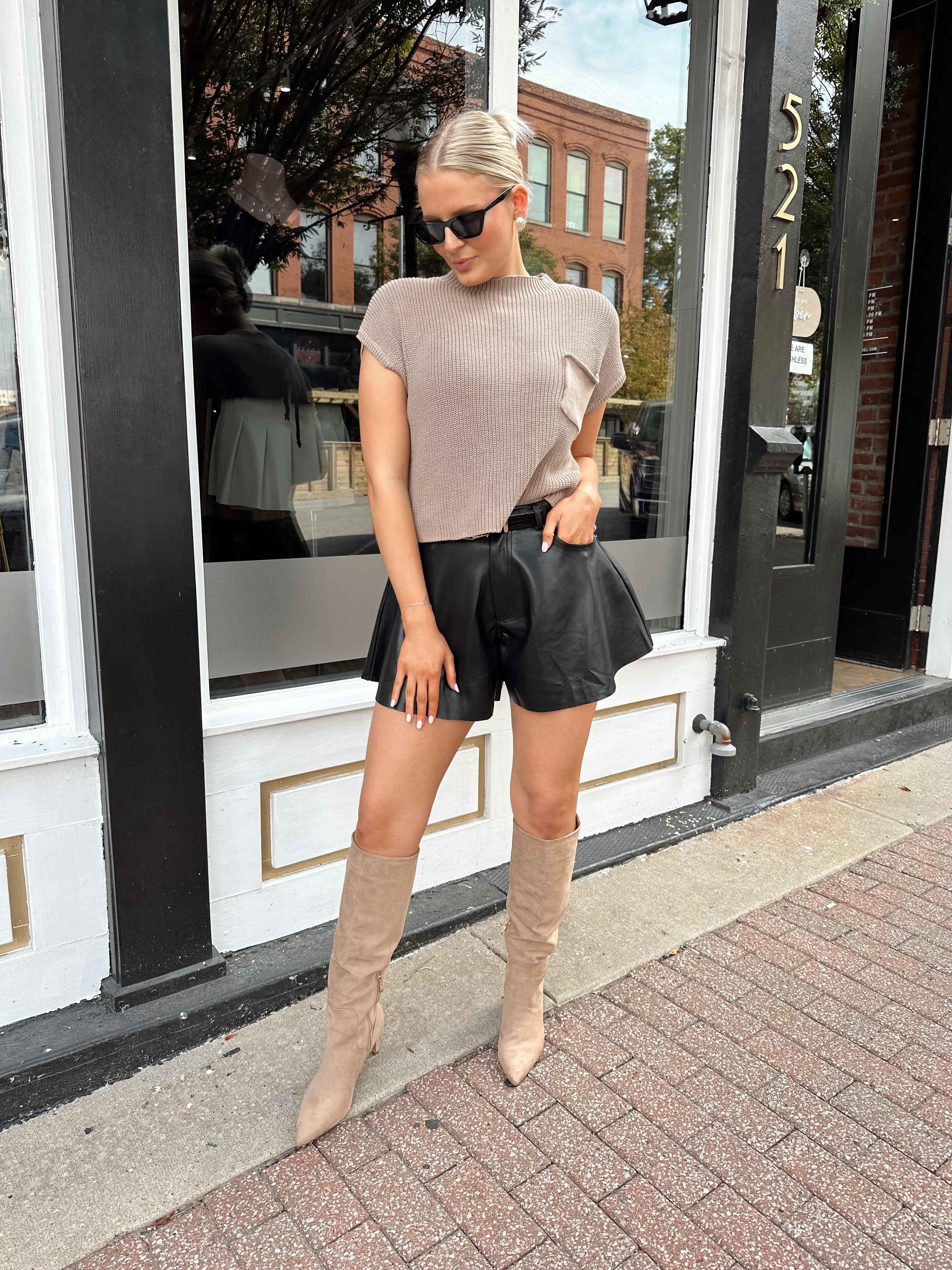 Taupe knit cropped short sleeve sweater with front pocket detail