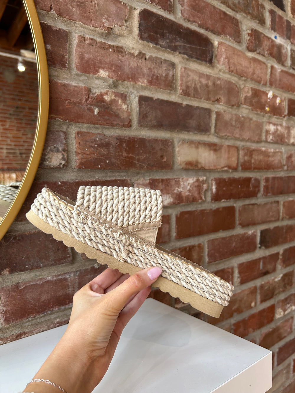 Cairo woven platform slide sandals with natural rope sole and textured woven upper