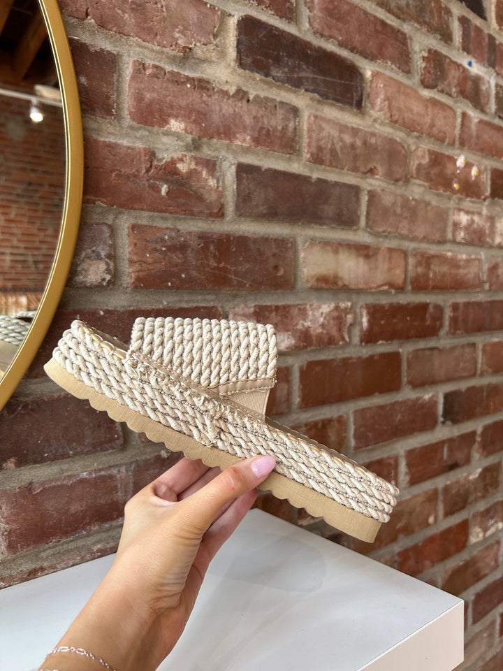 Cairo woven platform slide sandals with natural rope sole and textured woven upper