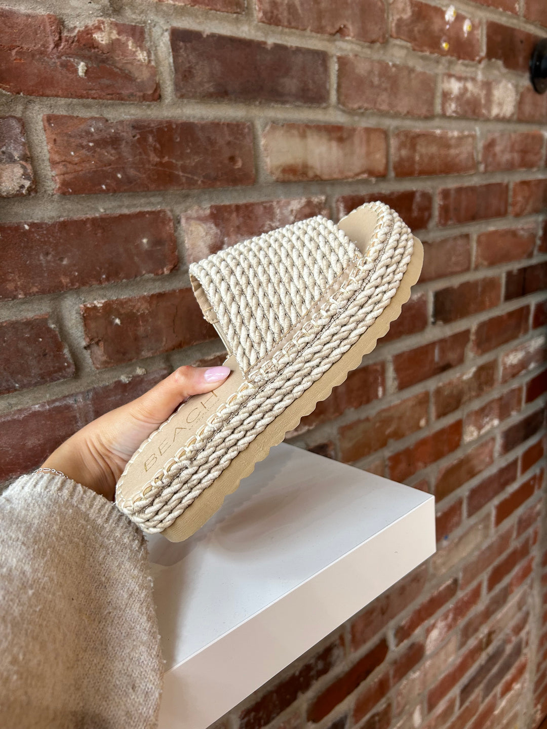Cairo woven platform slide sandals with natural rope sole and textured woven upper