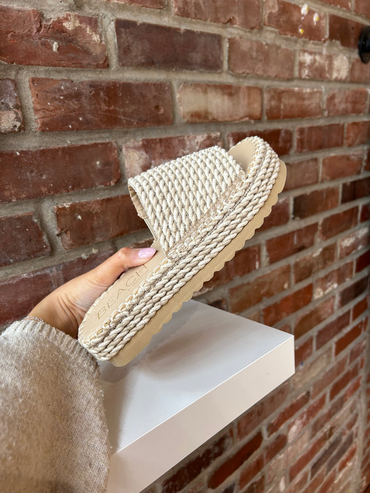 Cairo woven platform slide sandals with natural rope sole and textured woven upper