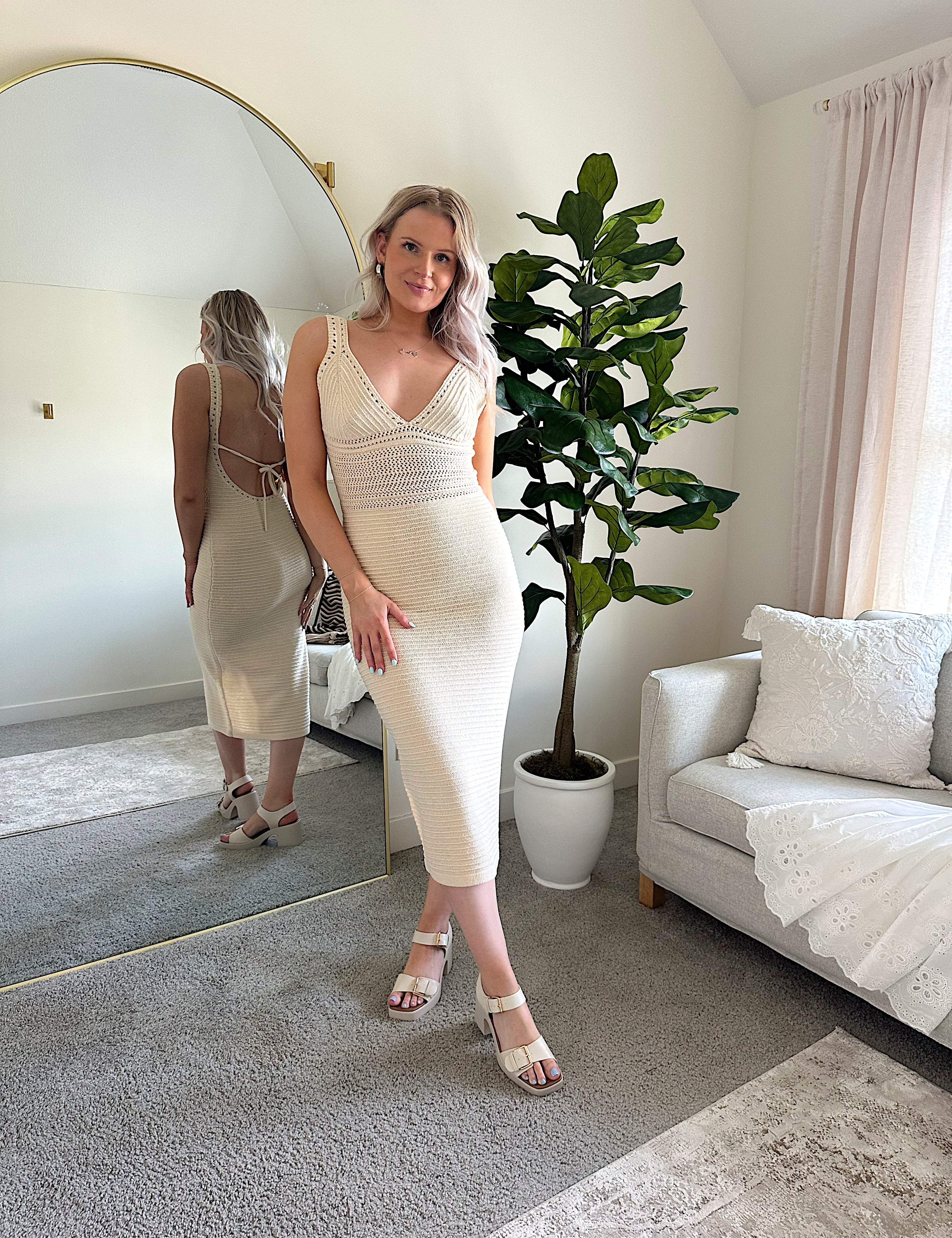 Light tan knit midi dress with open tie back. 