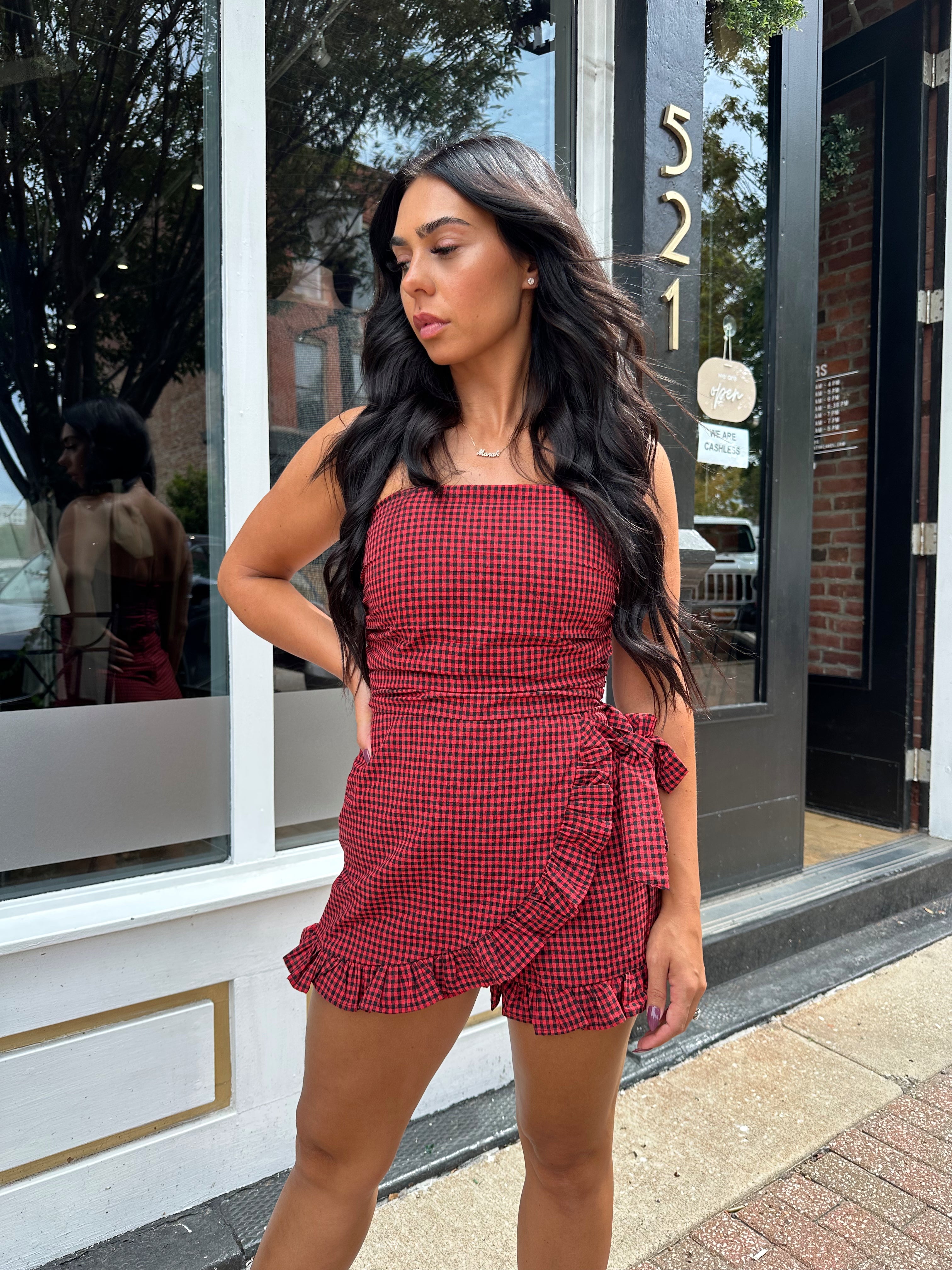 Camille Red Gingham Strapless Romper