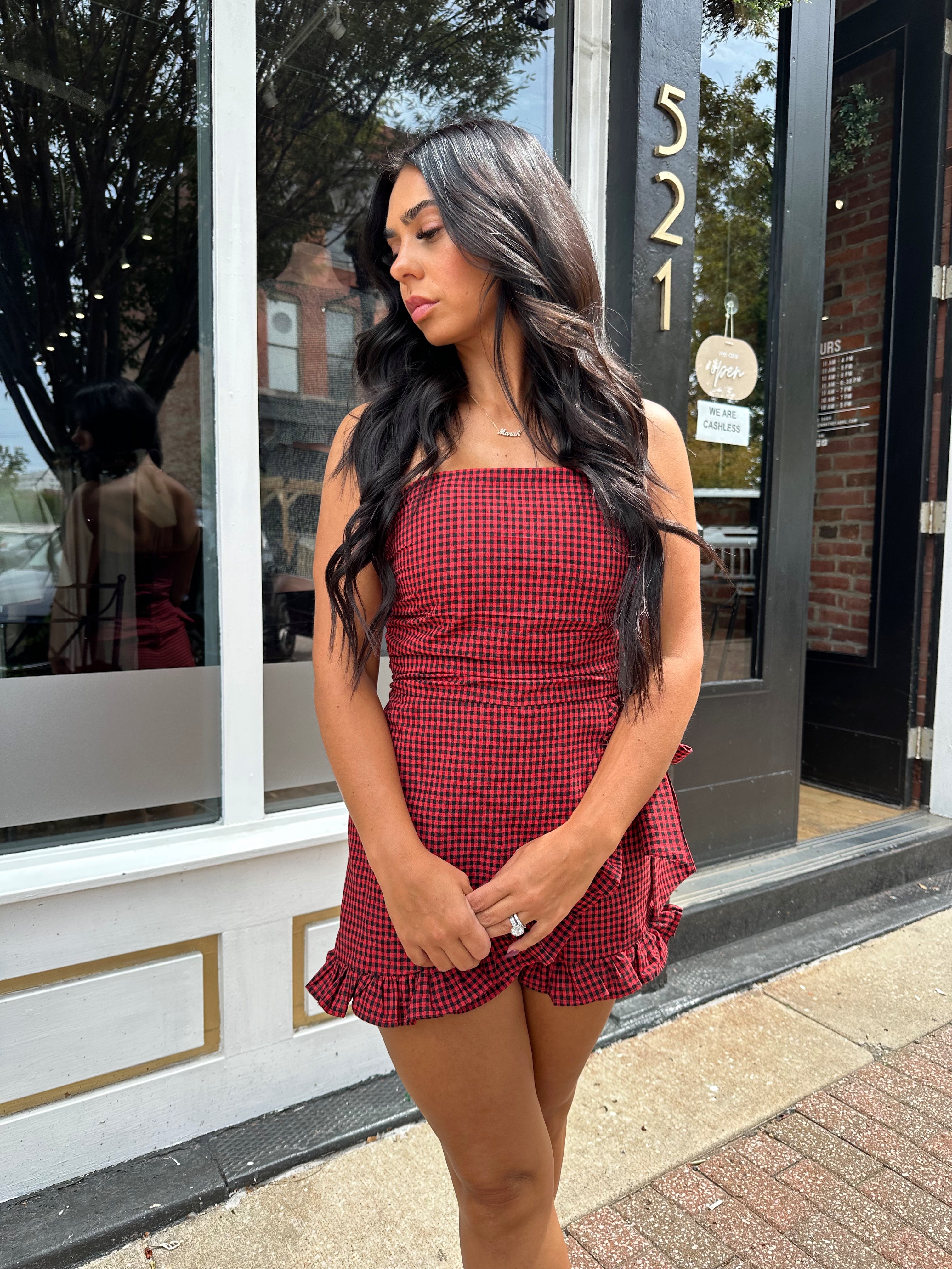 Camille Red Gingham Strapless Romper