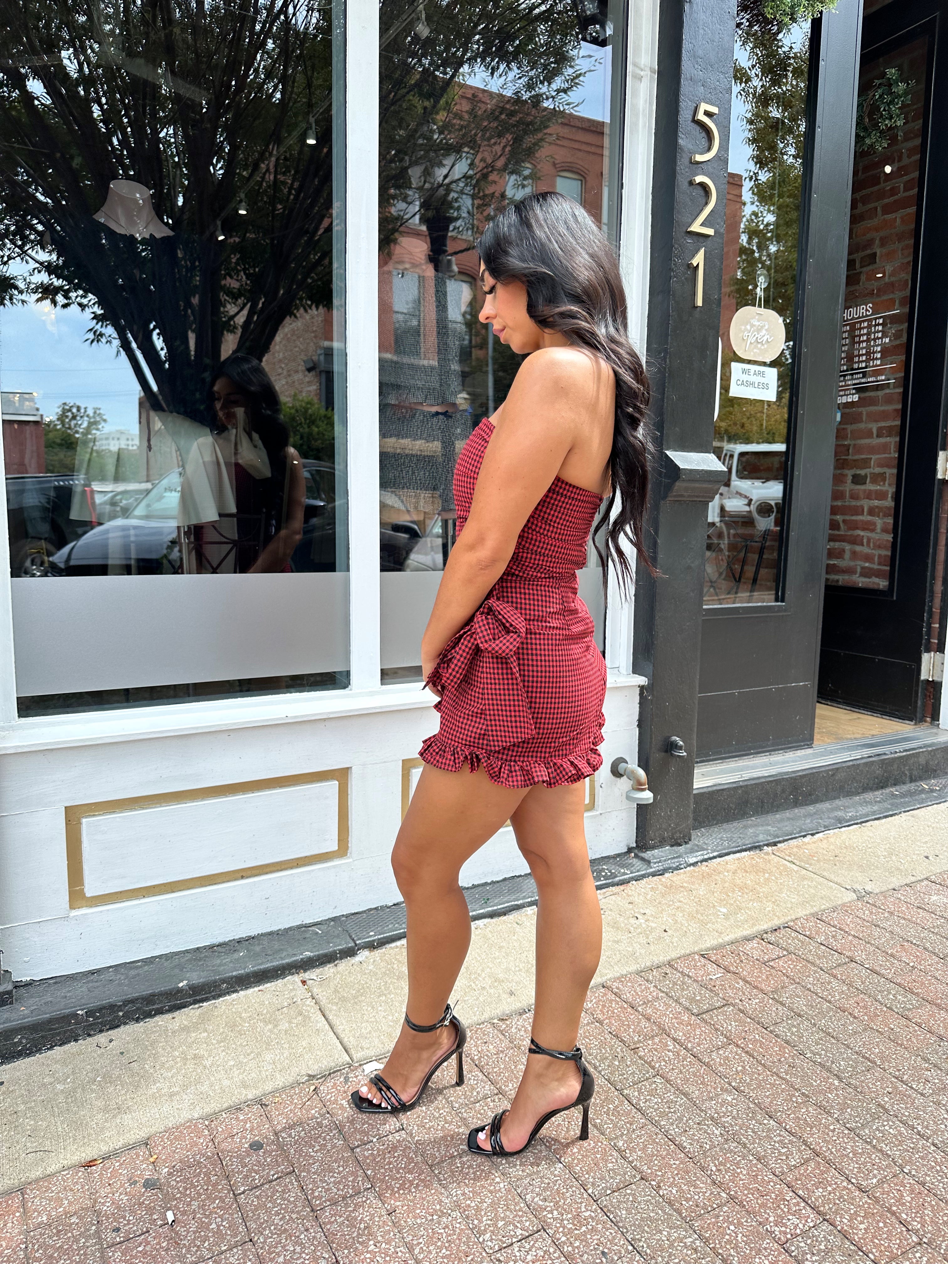 Camille Red Gingham Strapless Romper