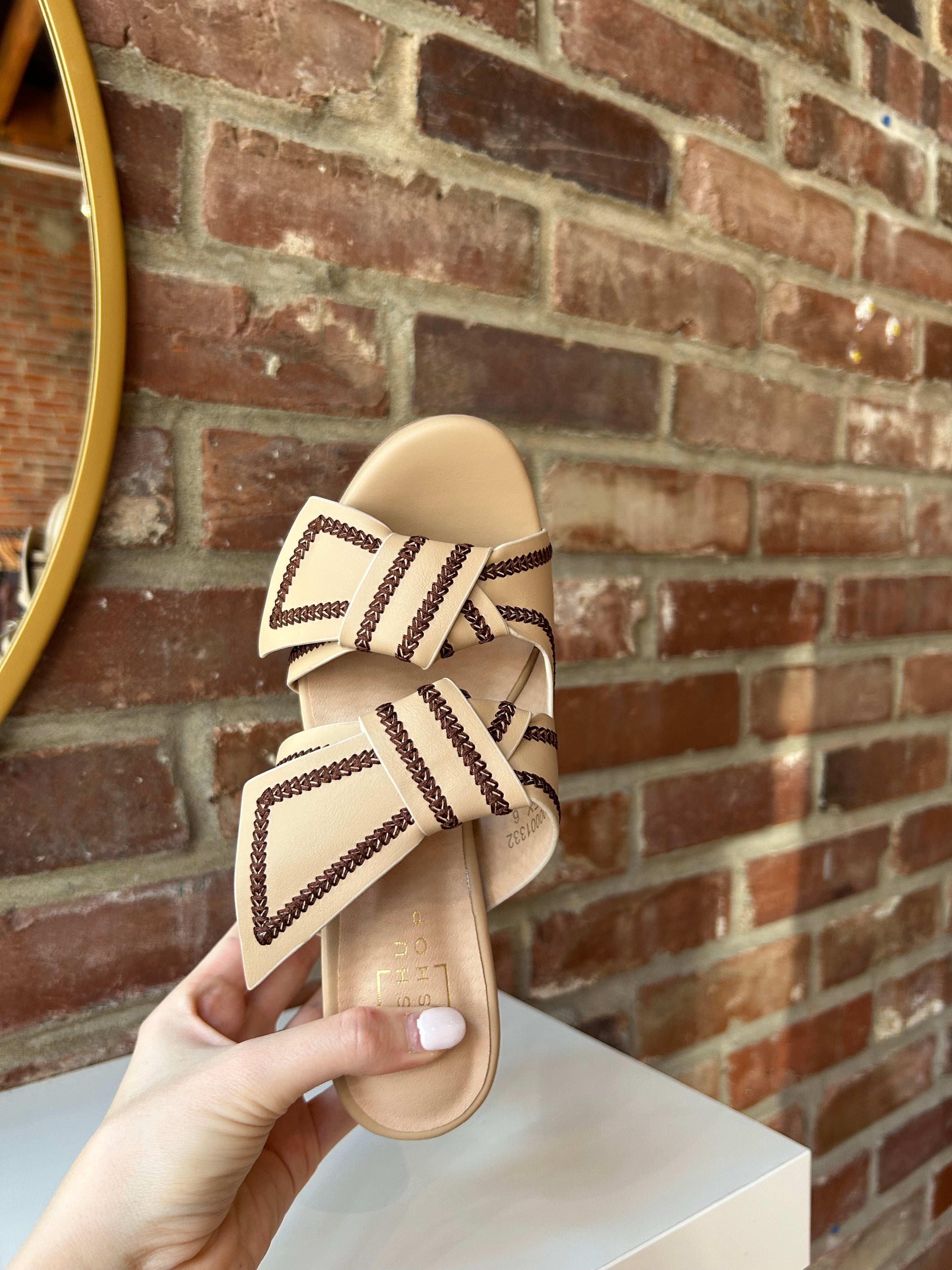 Tan platform heel with dark brown stitching and bow detail.