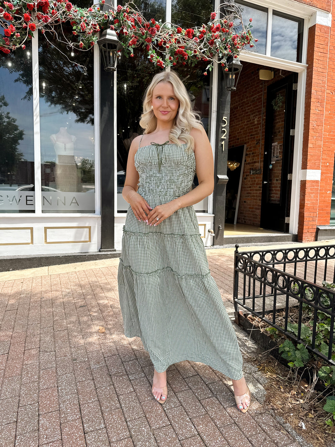 Green Gingham Smocked Waist Maxi Dress | Tiered Maxi Dress Gwenna The Label Green Gingham Smocked Waist Maxi Dress | Tiered Maxi Dress Gwenna The Label