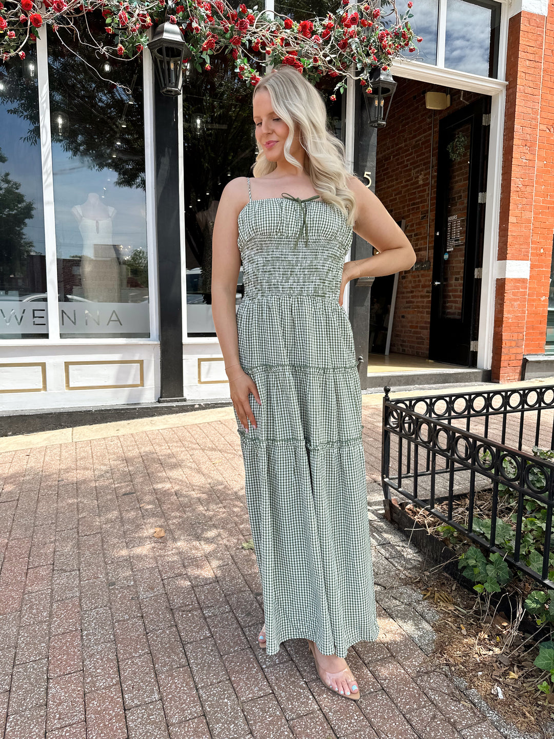 Green Gingham Smocked Waist Maxi Dress