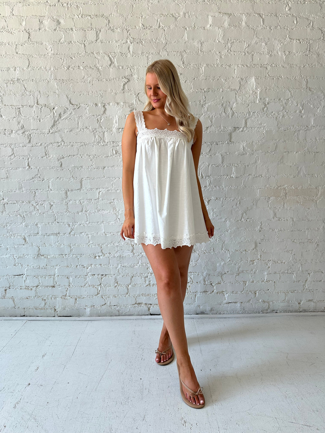 White Linen Lace Trim Mini Dress