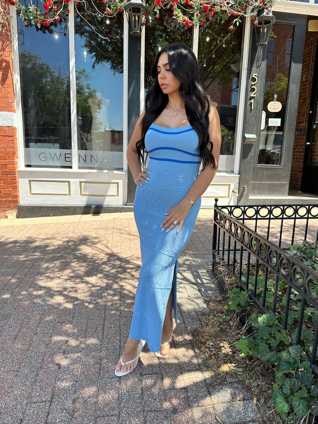 Blue Patterned Knit Maxi Dress