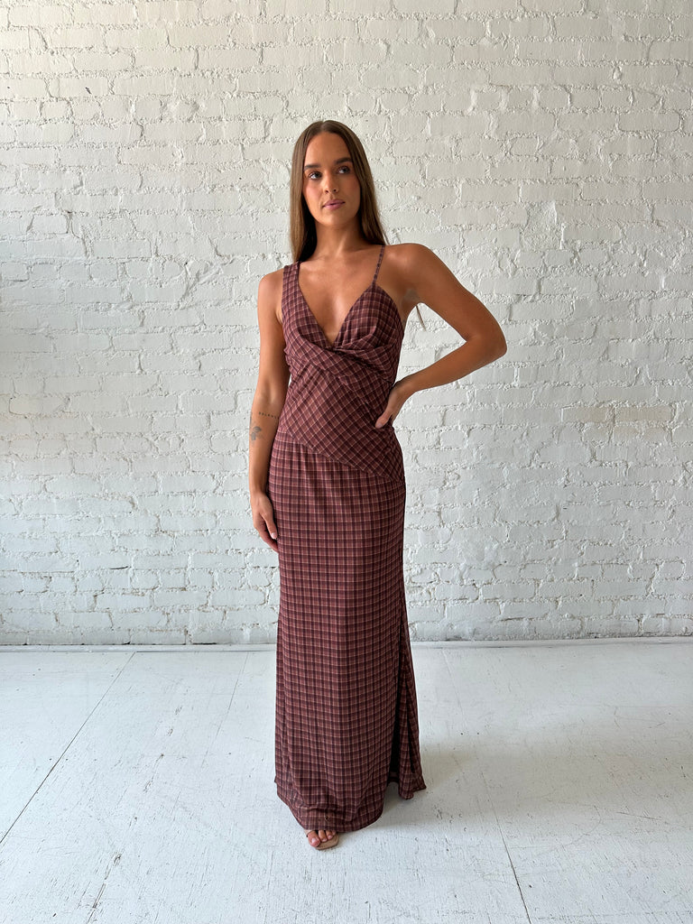 plaid evening dress Brown Asymmetrical Maxi 12% Spandex (inner) Care Celestial 3428 Option:Small S.L. Fashions Women's Short