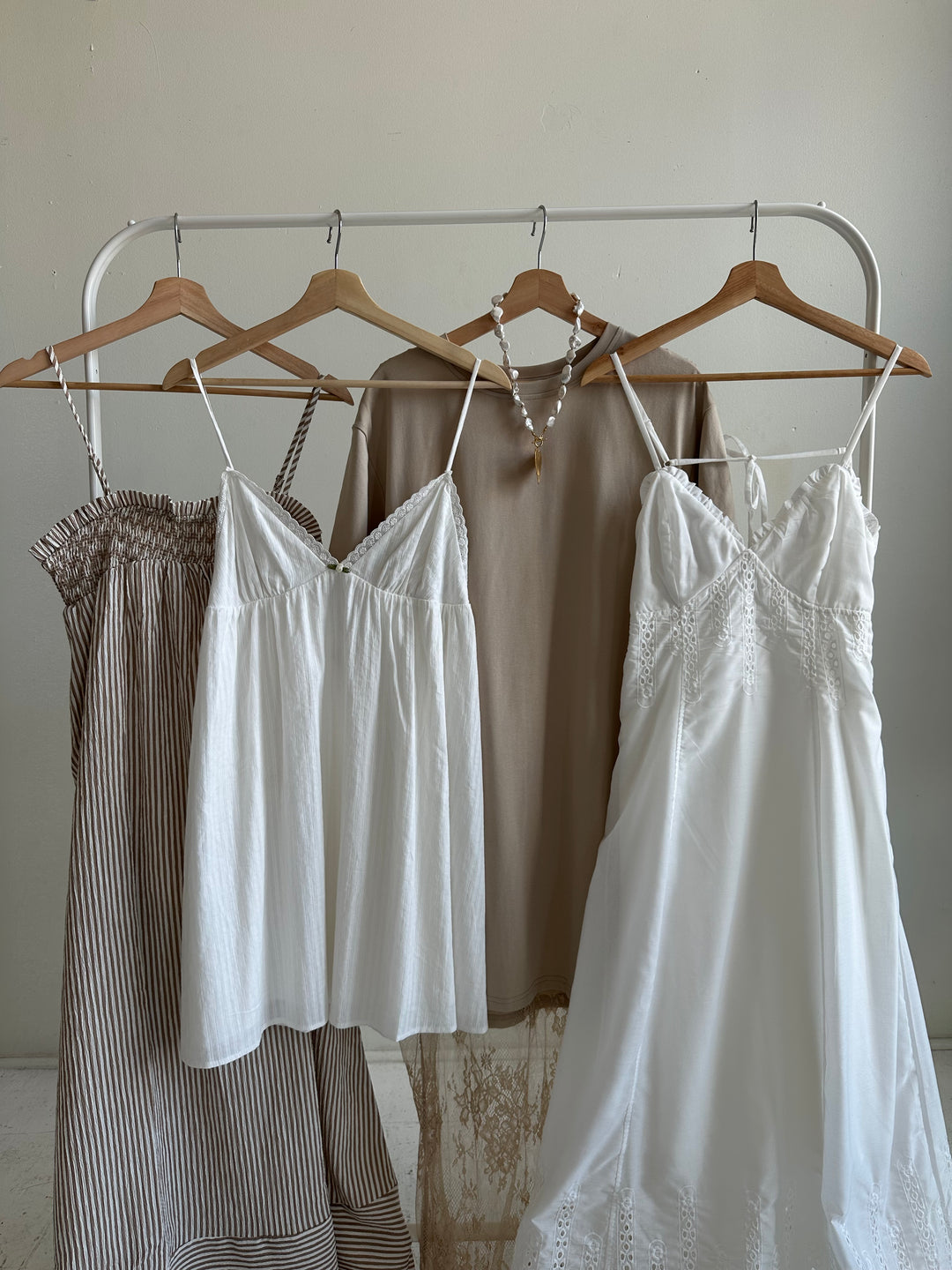 Neutral maxi, mini, and midi dresses.