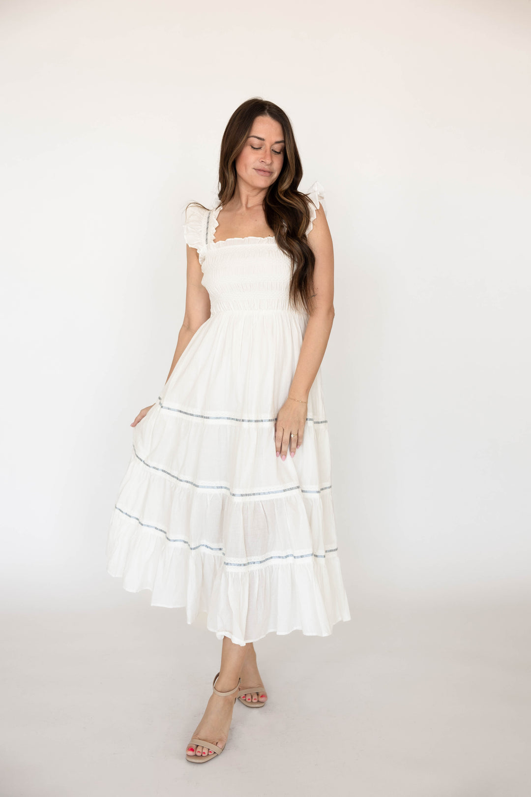 women's smocked midi dress White Smocked Midi Dress