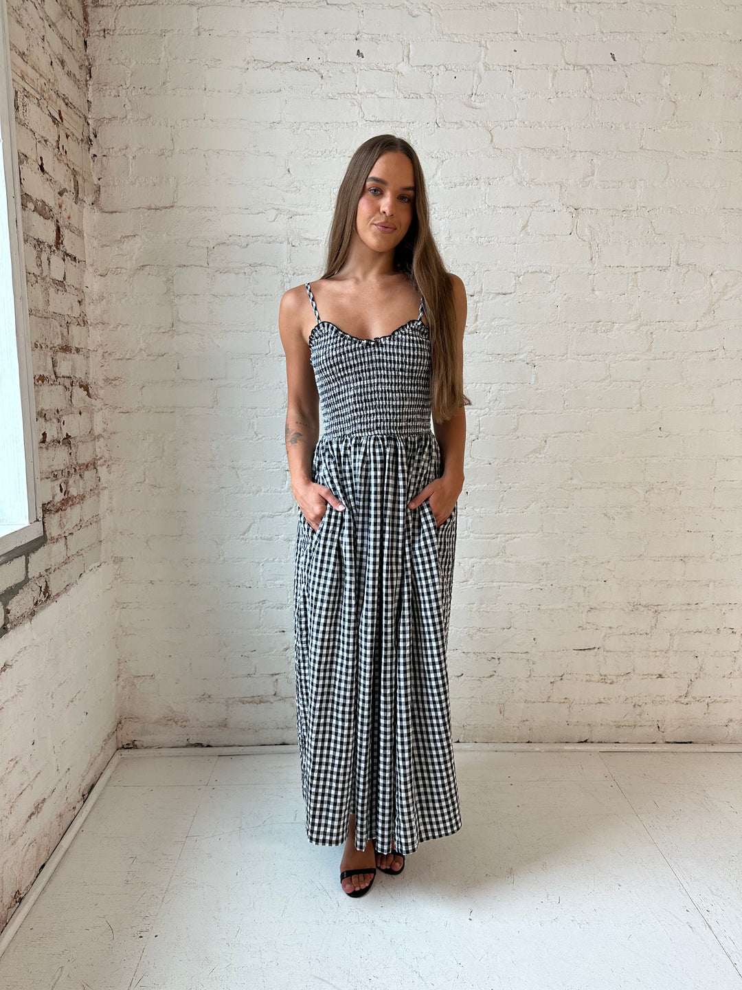Black Gingham Midi Dress