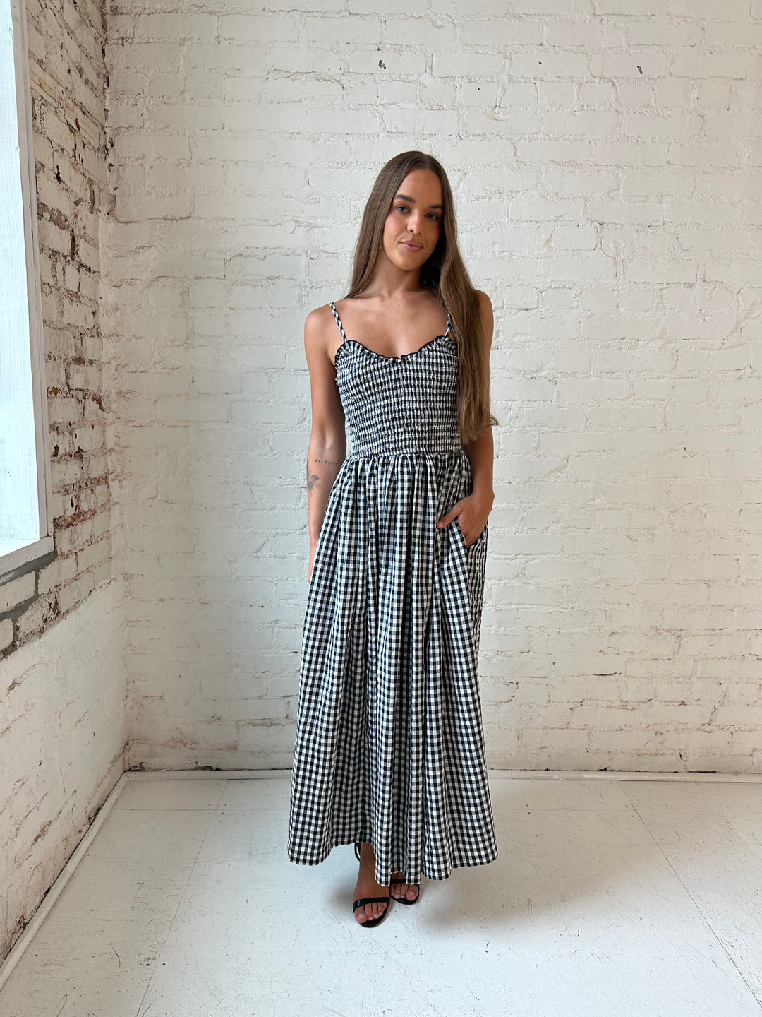 Black Gingham Midi Dress