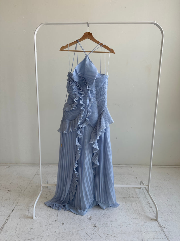 Blue chiffon textured midi dress with halter neckline.