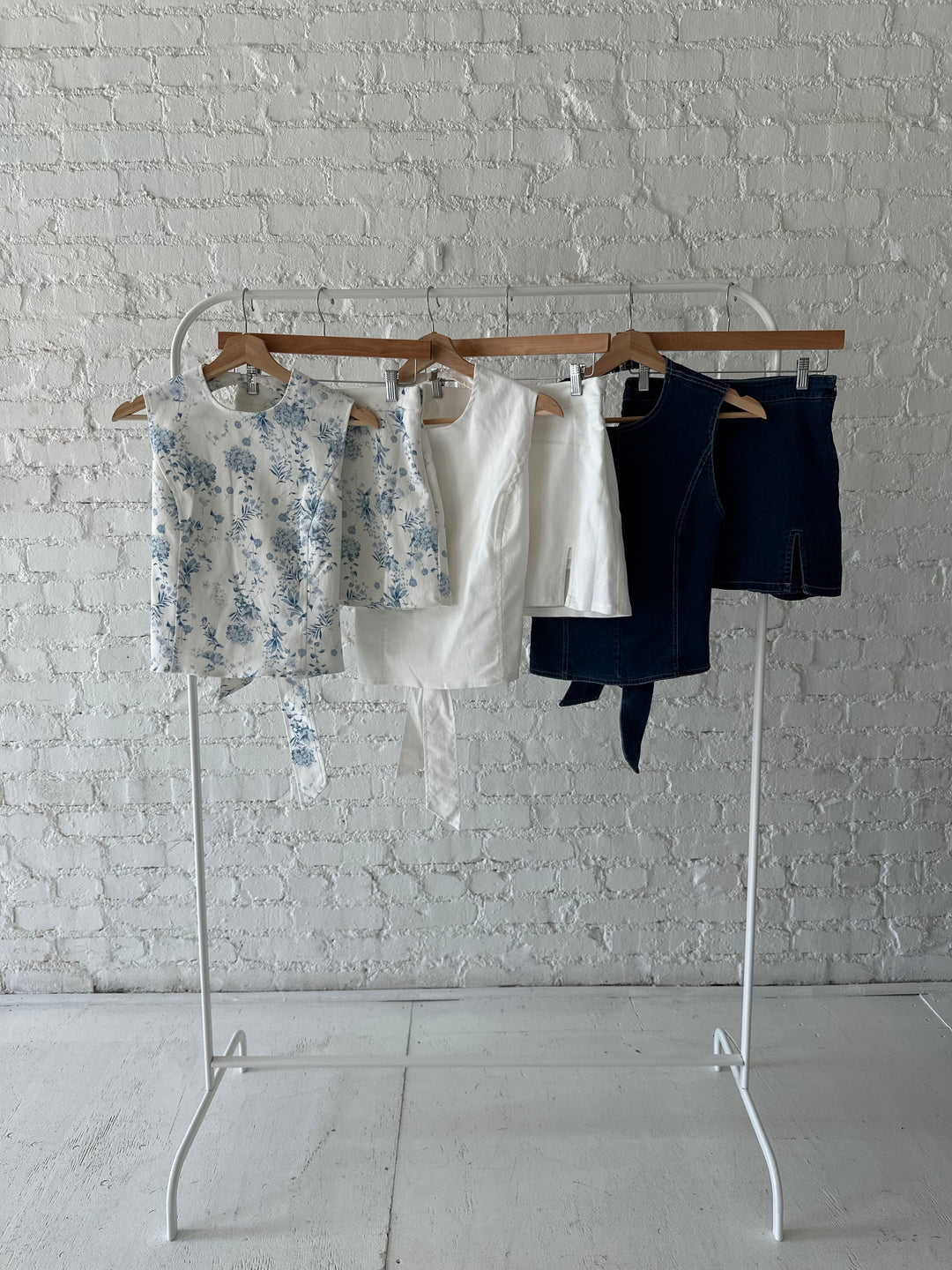 Floral denim set, white denim set, dark wash denim set.