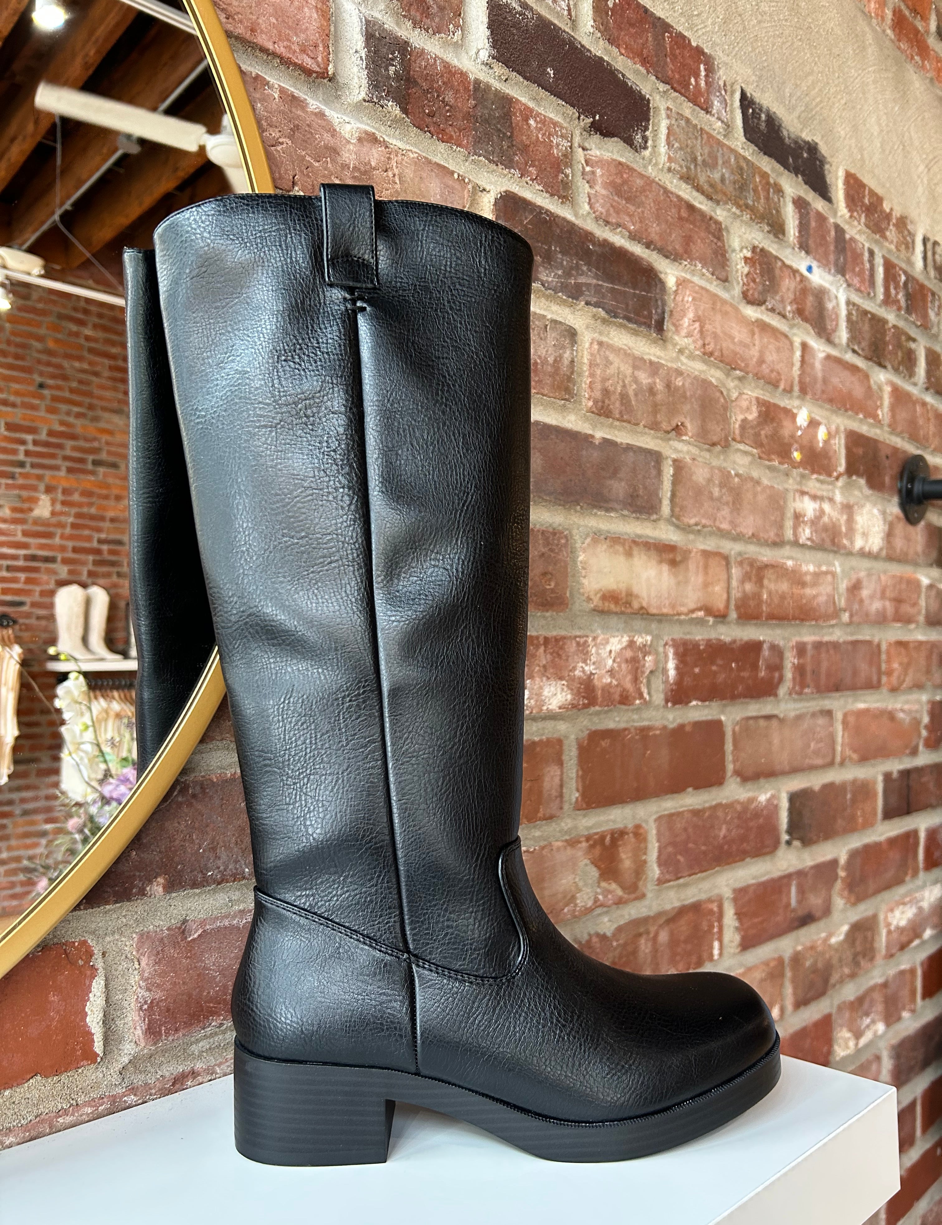 Black knee-high boots with block heel.