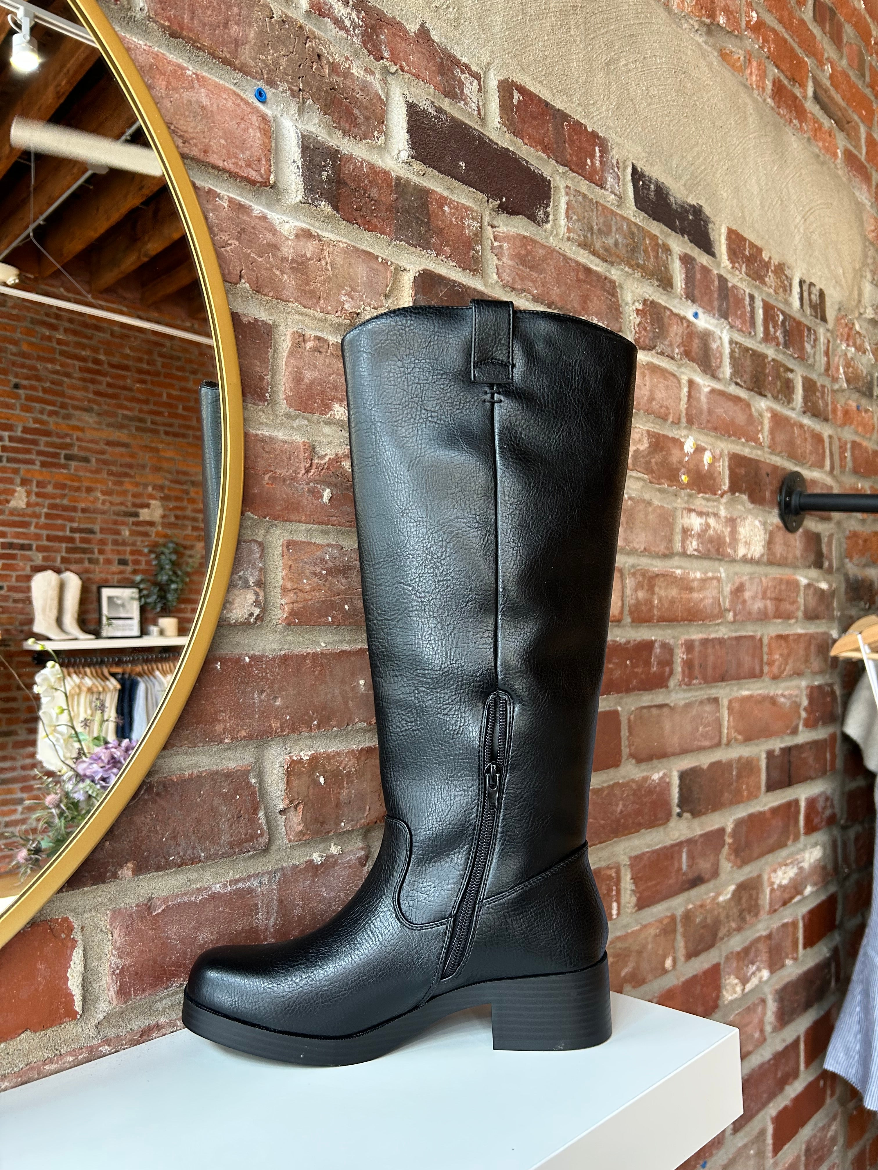 Black knee-high boots with block heel.