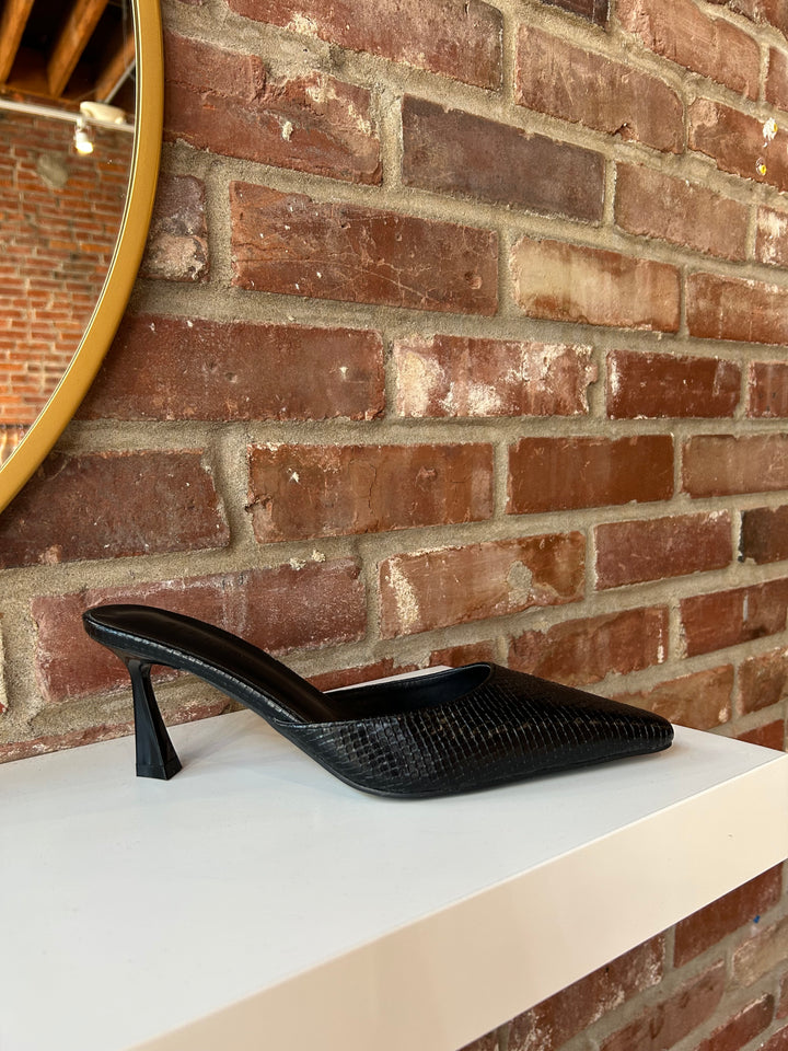 Black scale, pointed, closed toed kitten heel.