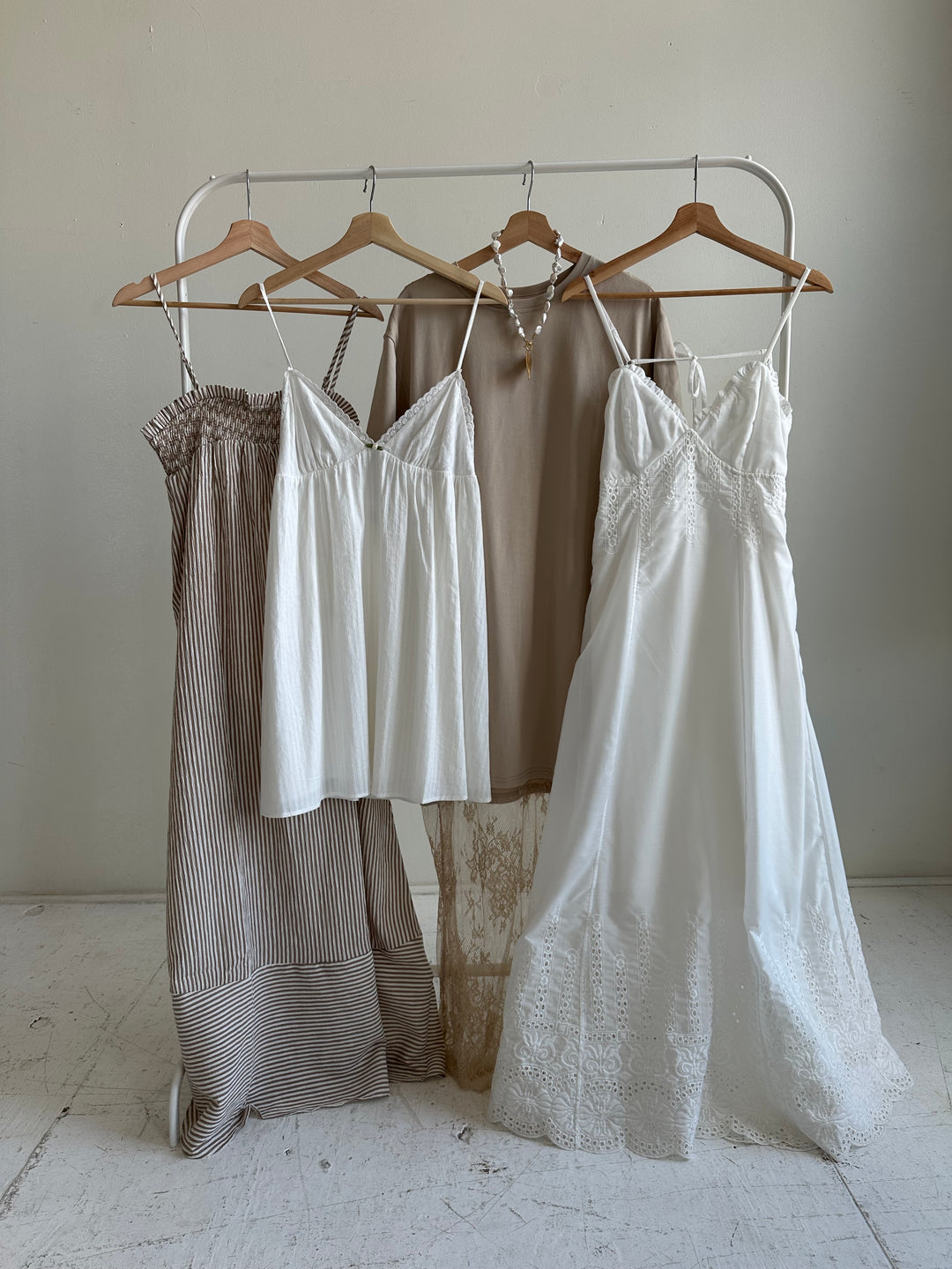 Neutral mini and maxi dresses.