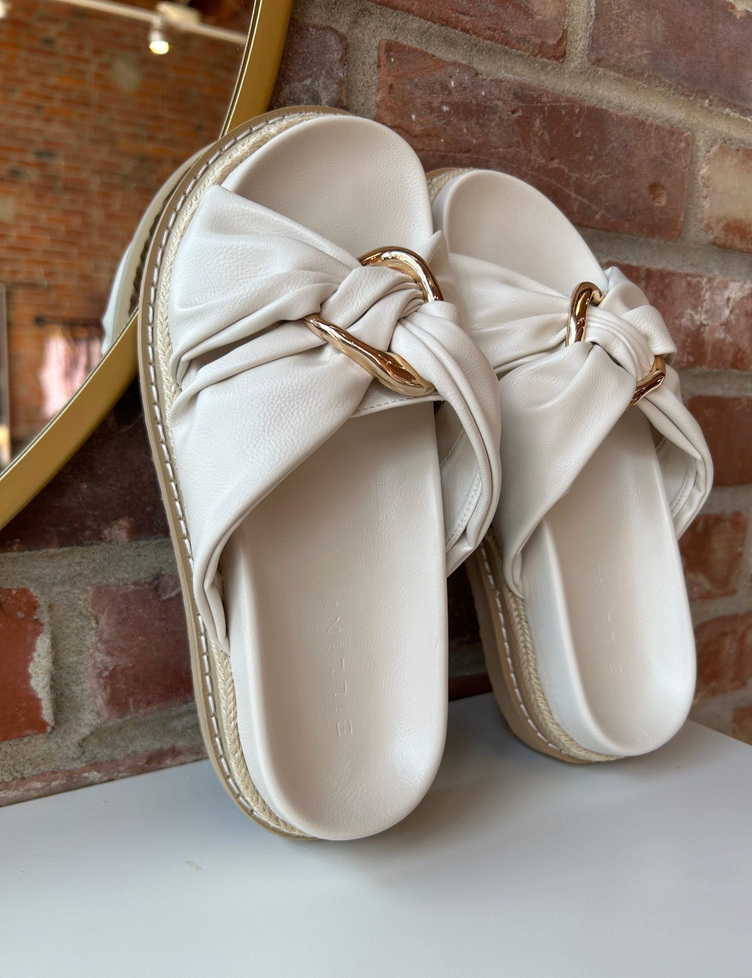 Billini Cove Gold Embellished Platform Sandal with a knotted upper, gold accents, and a woven platform sole for chic style.