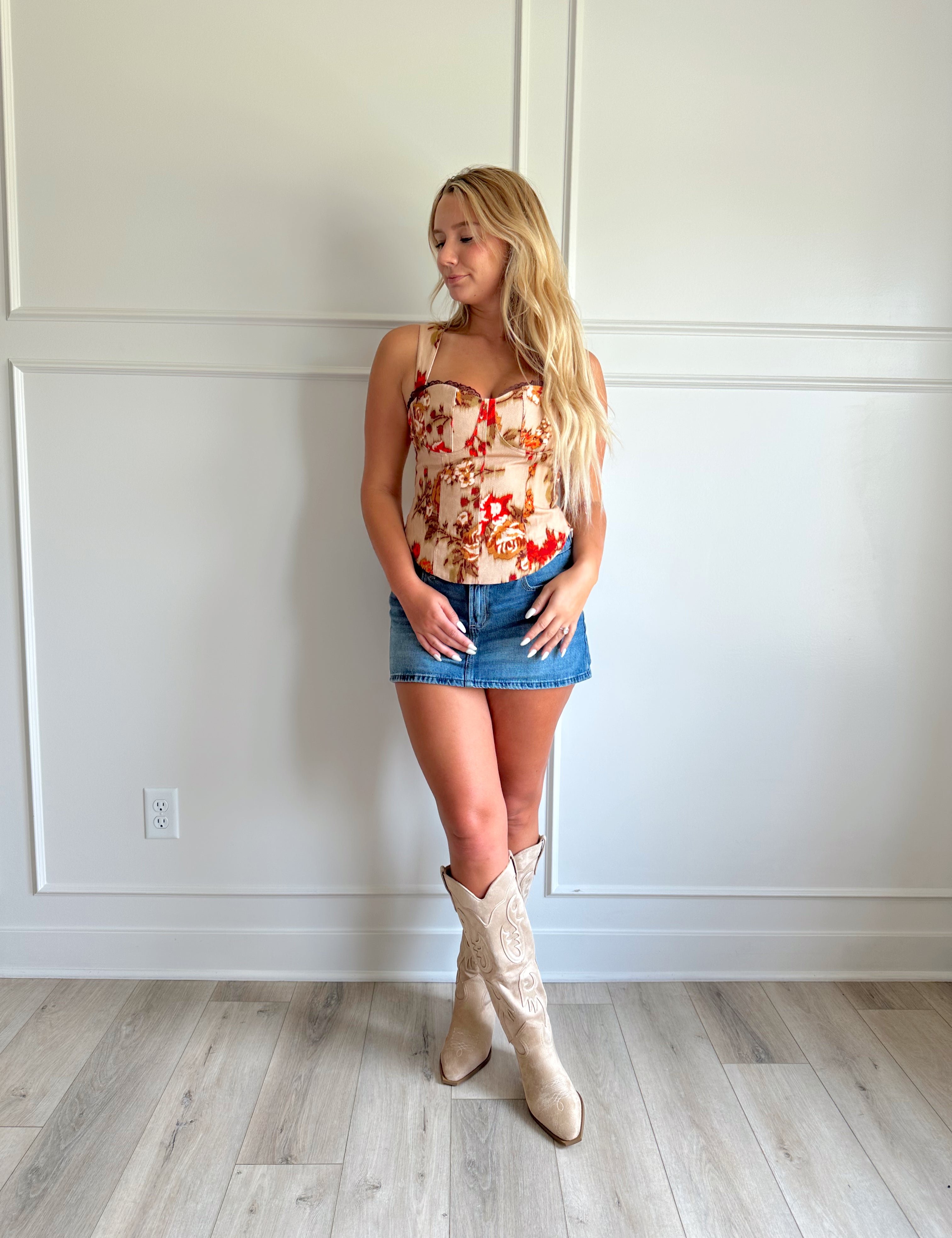 Orange and brown floral lace up corset top. 