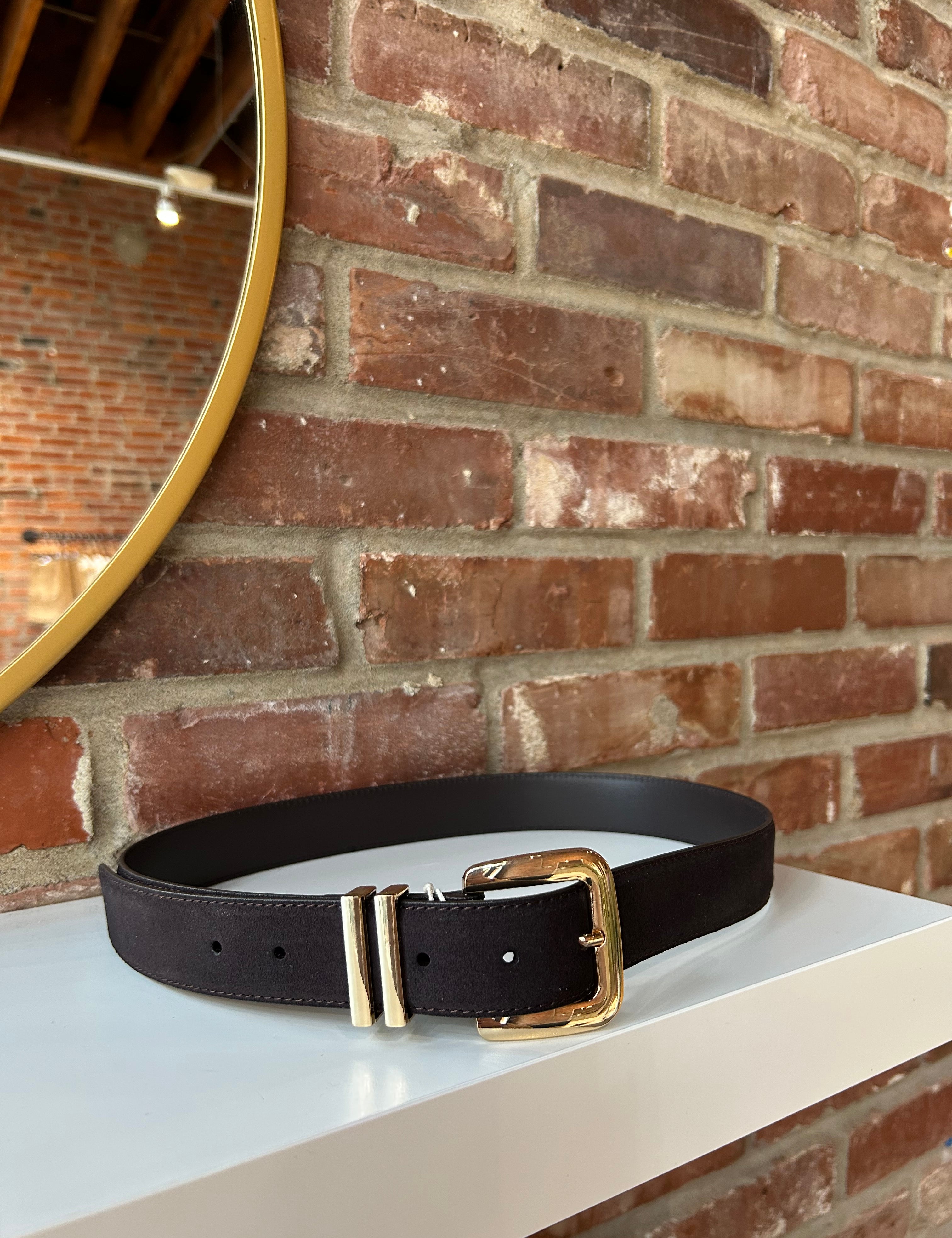 Dark brown suede belt with good buckle hardware.