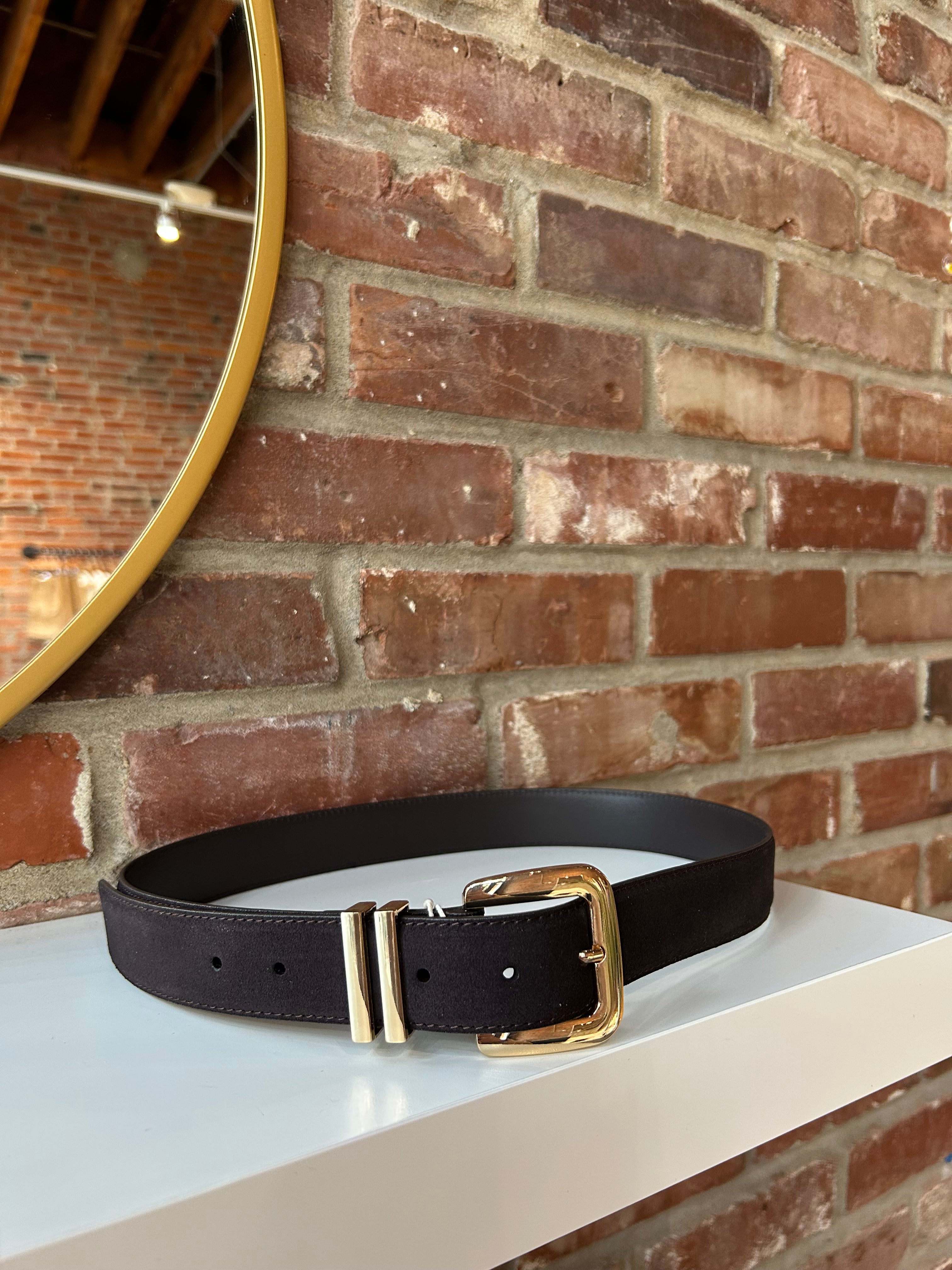 Dark brown suede belt with good buckle hardware.
