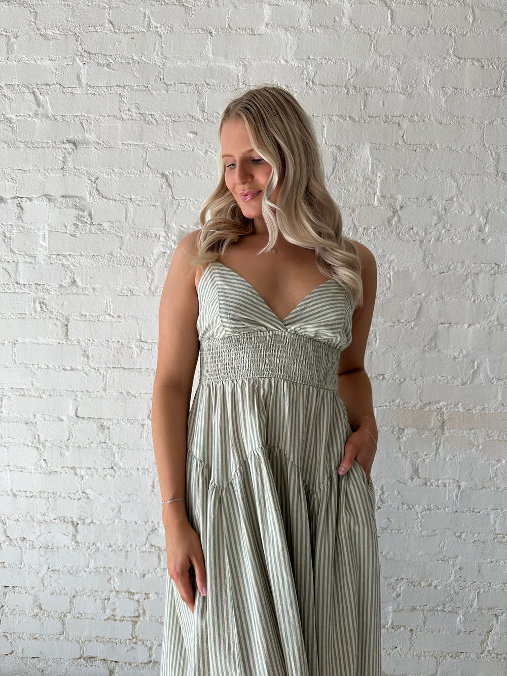 sage green midi dress Women's Easy Authority Button Front Utility | Size: M The thoughtful draped design gathers at the side to create an elegant wrap effect Velvi - Aspen Midi Dress