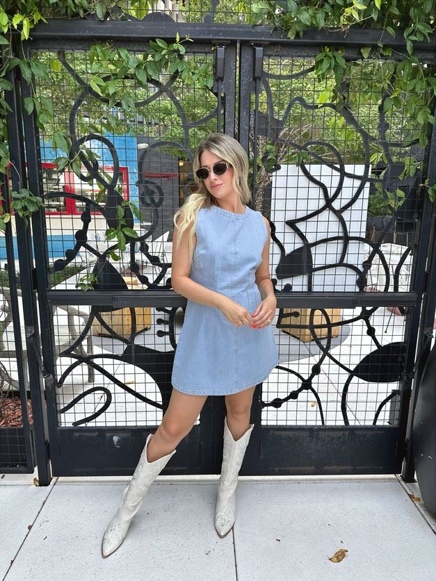 Della sleeveless light wash denim mini dress with seams