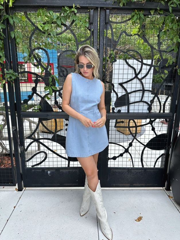 Della sleeveless light wash denim mini dress with seams