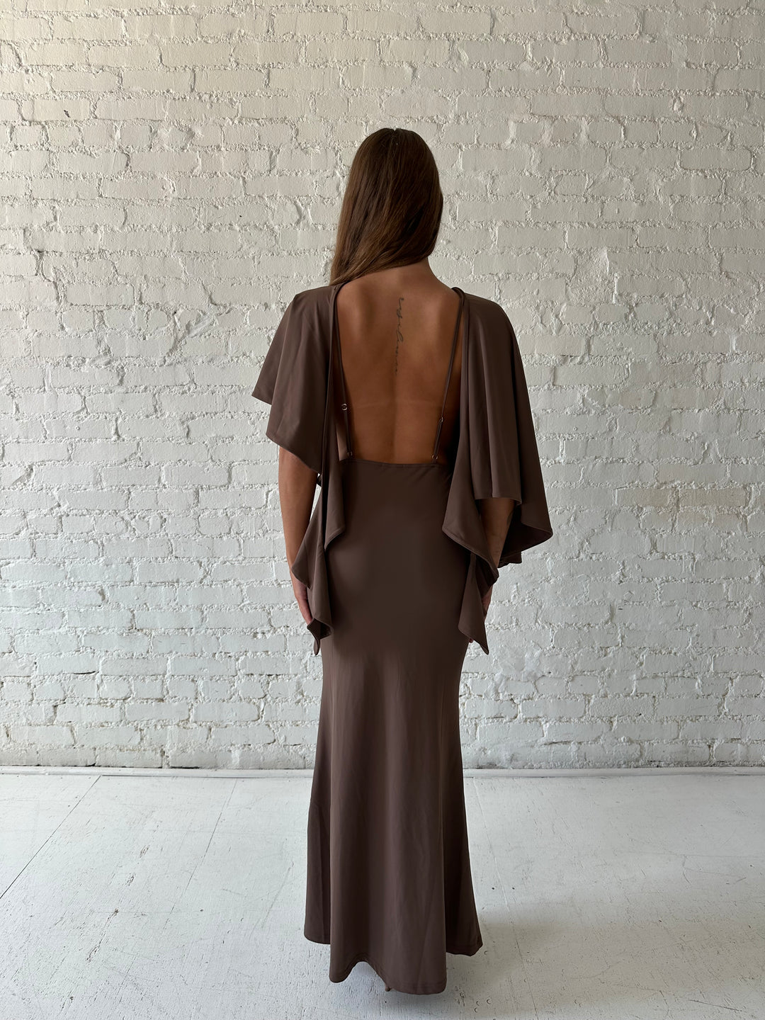Dolly Brown Draped Open Back Ruched Maxi Dress