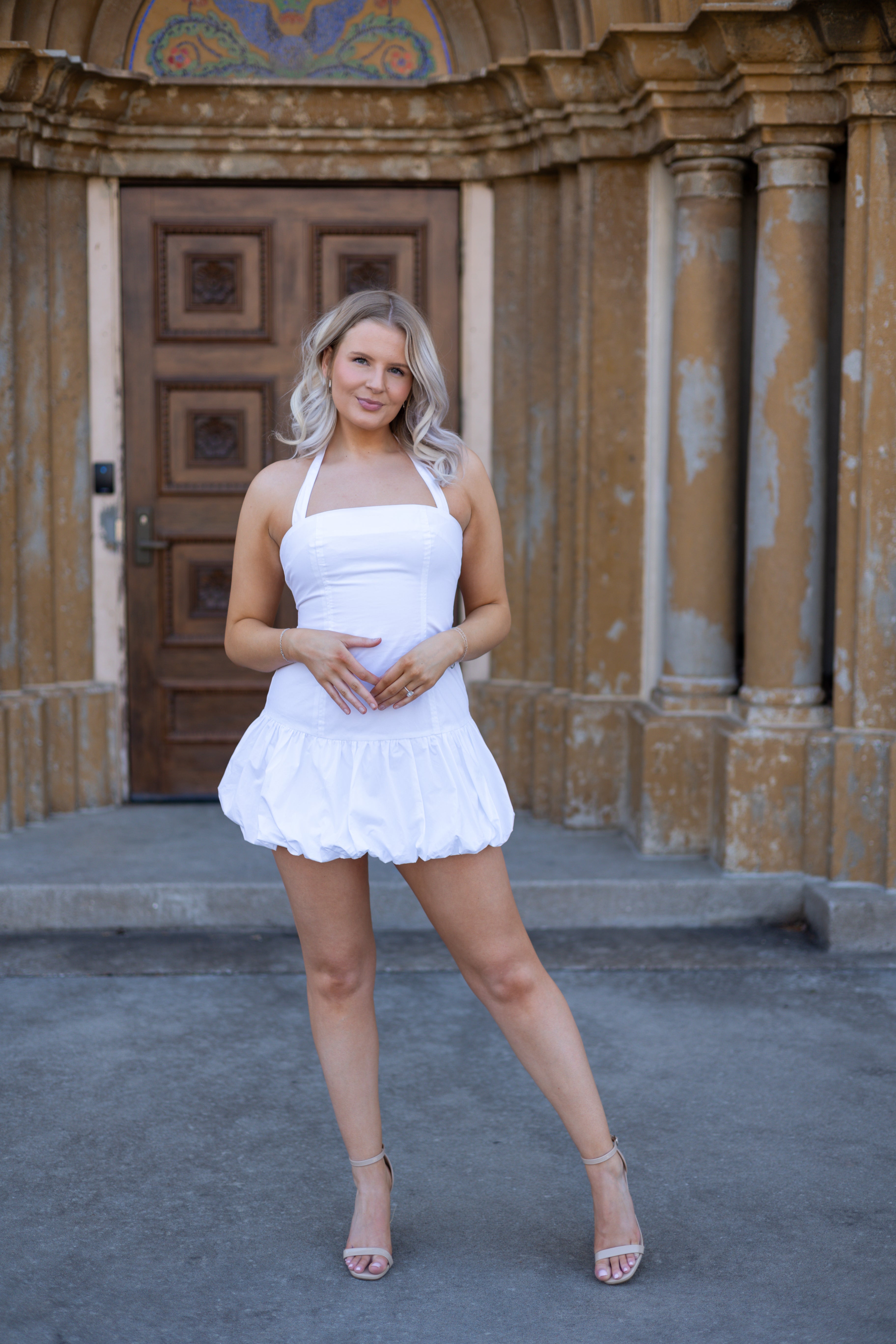 White Drop Waist Halter Mini Dress.