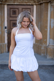 White Drop Waist Halter Mini Dress.