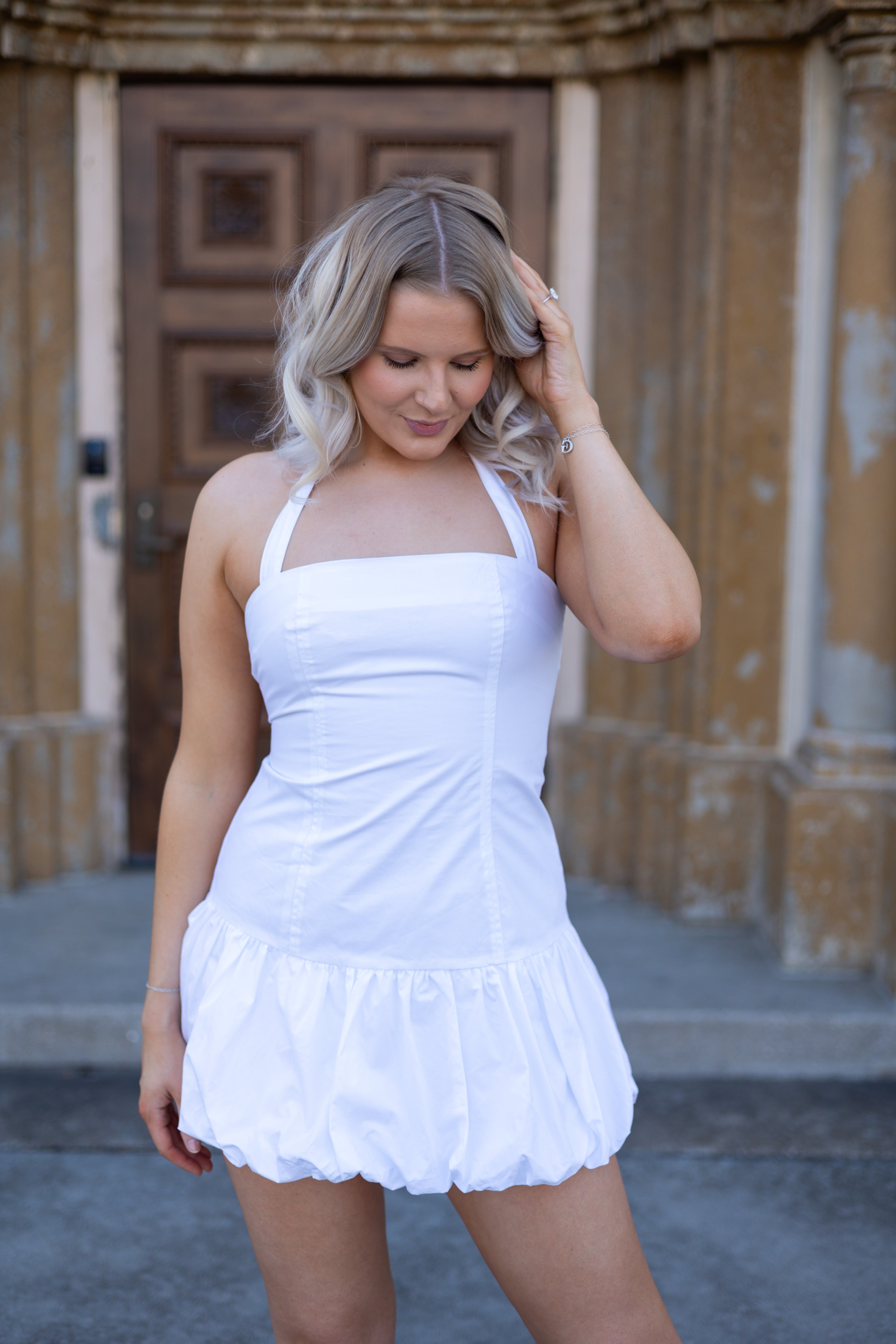 White Drop Waist Halter Mini Dress.