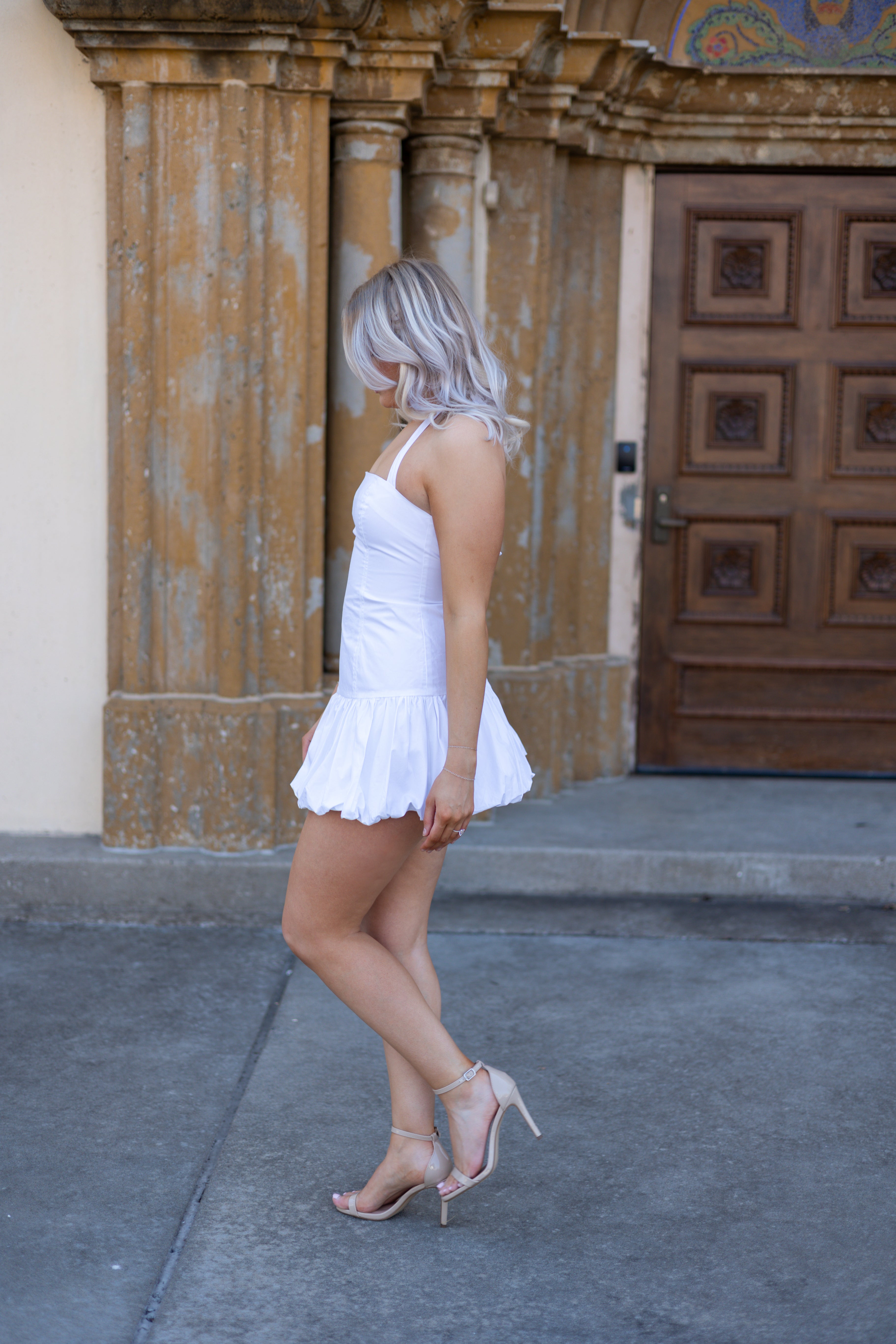 Kali White Drop Waist Halter Mini Dress.