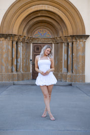 Kali White Drop Waist Halter Mini Dress.
