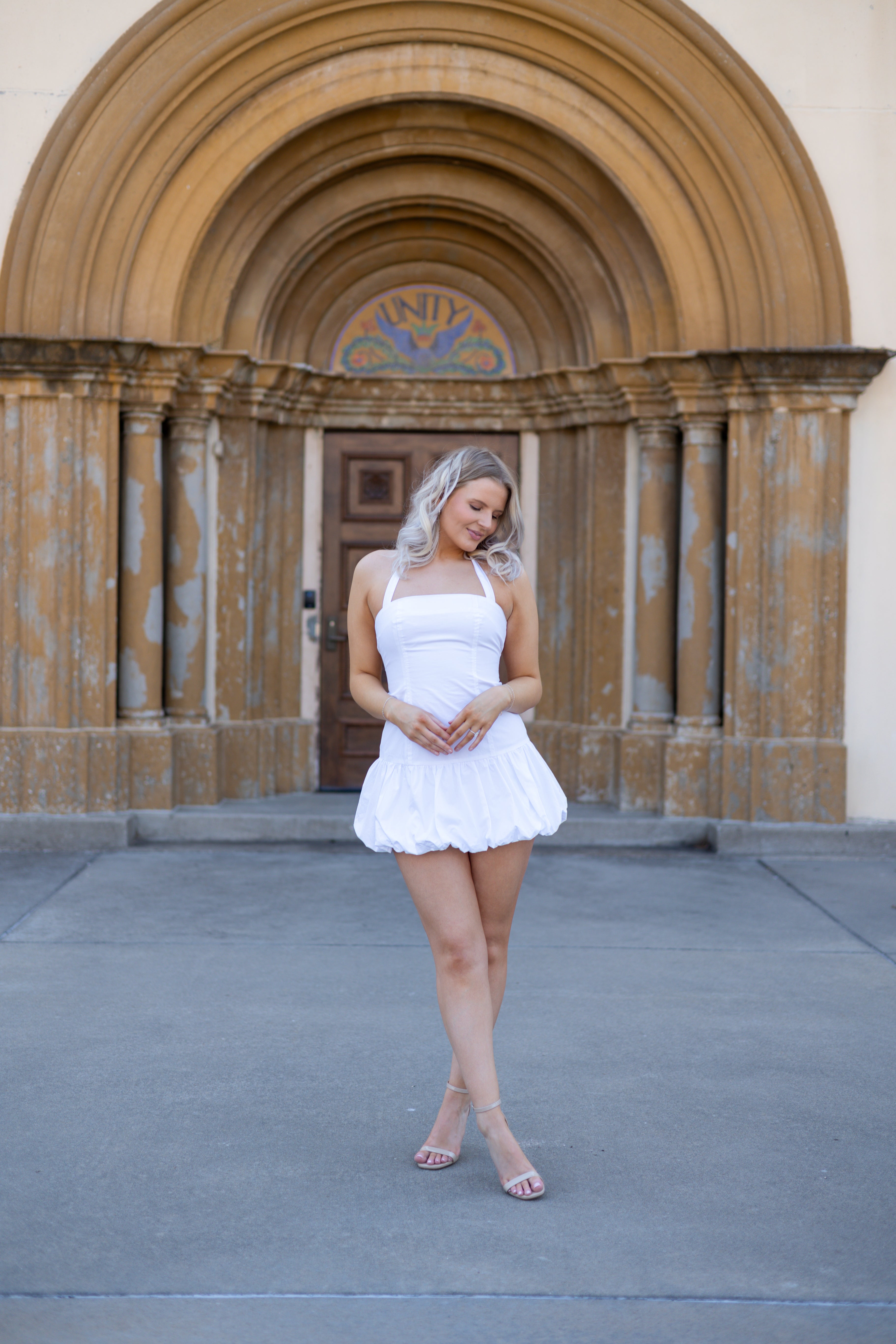 Kali White Drop Waist Halter Mini Dress.