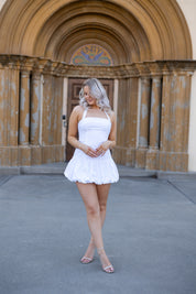 Kali White Drop Waist Halter Mini Dress.