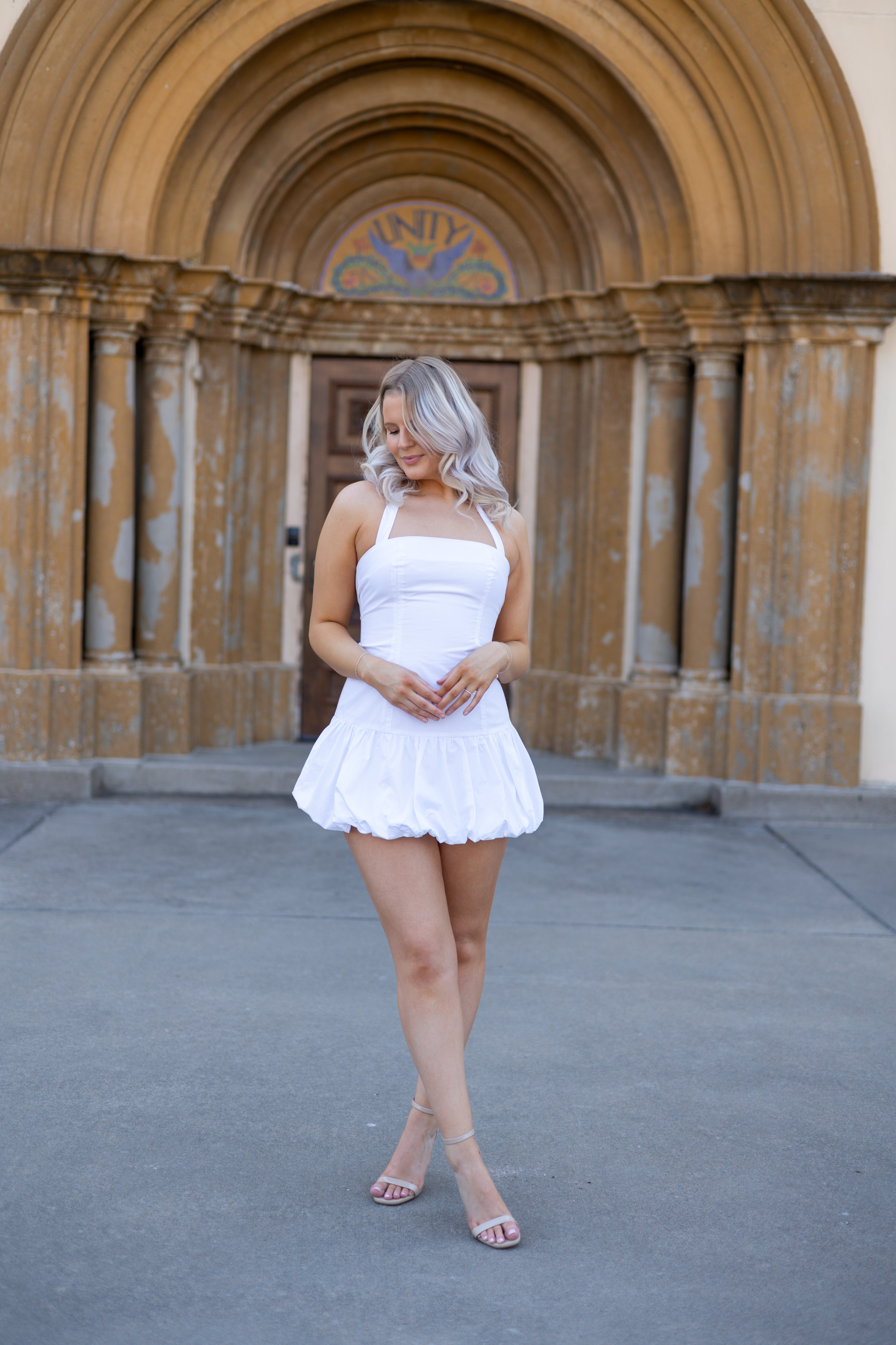 Kali White Drop Waist Halter Mini Dress.