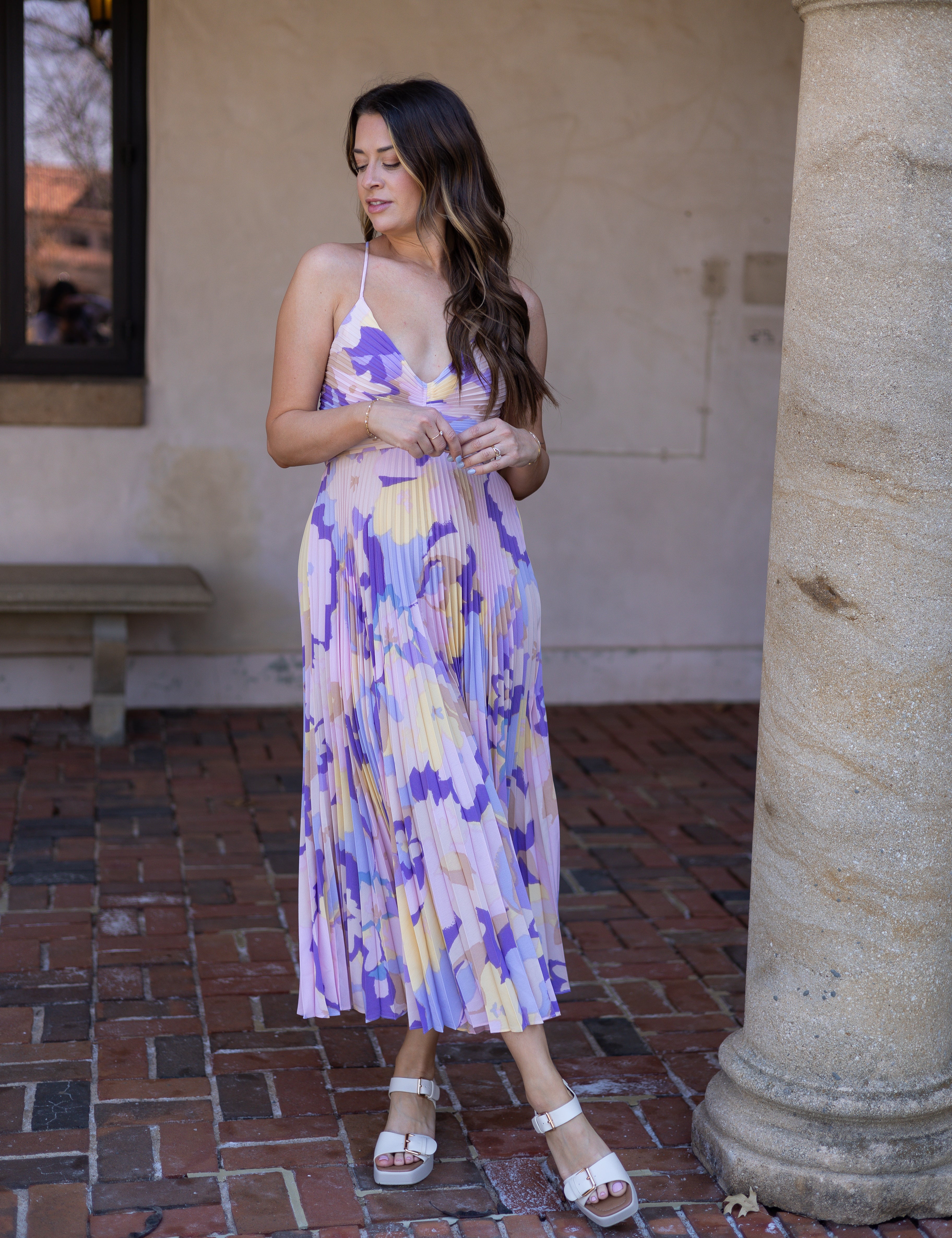 Pastel Purple and Yellow Floral Pleated Midi Dress.