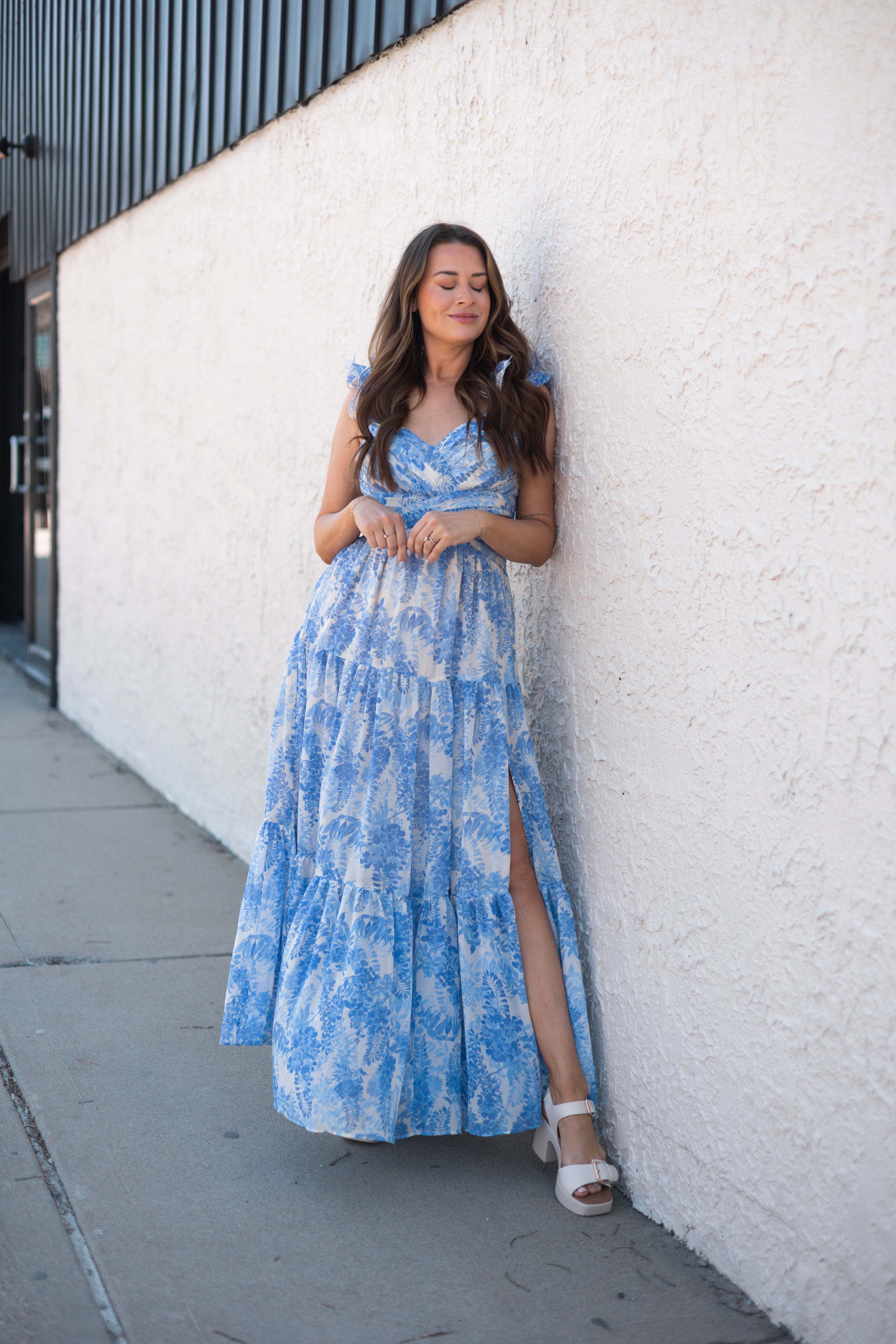 Blue and White Floral Maxi Dress with Cutouts and Slit.