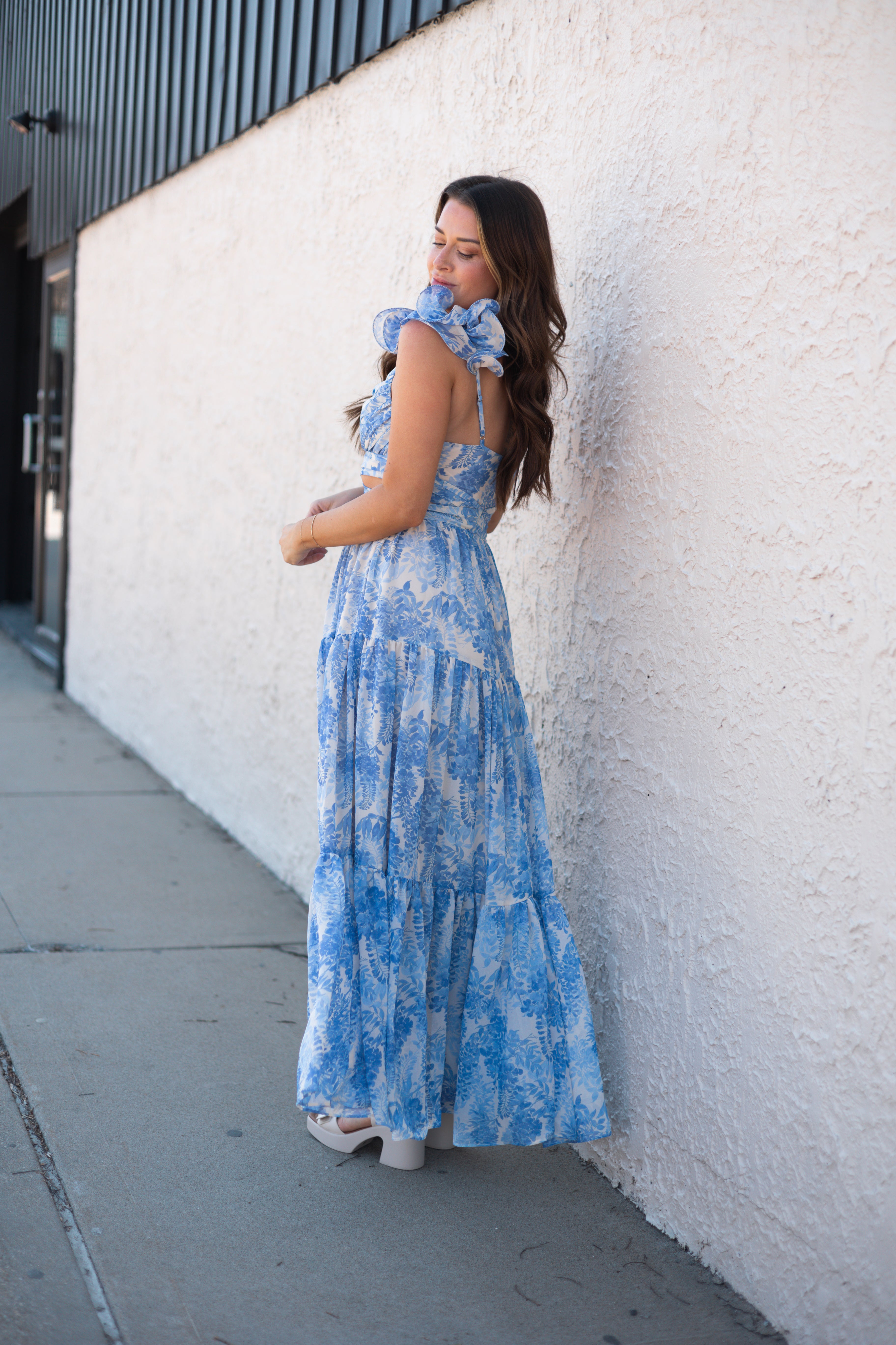 Kenzie Blue Floral Maxi Dress with Cutouts and Slit.