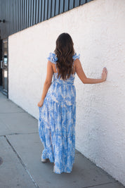 Back of Kenzie Blue Floral Maxi Dress with Cutouts and Slit.