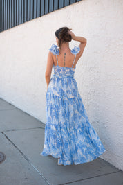 Back of Kenzie Blue Floral Maxi Dress with Cutouts and Slit.