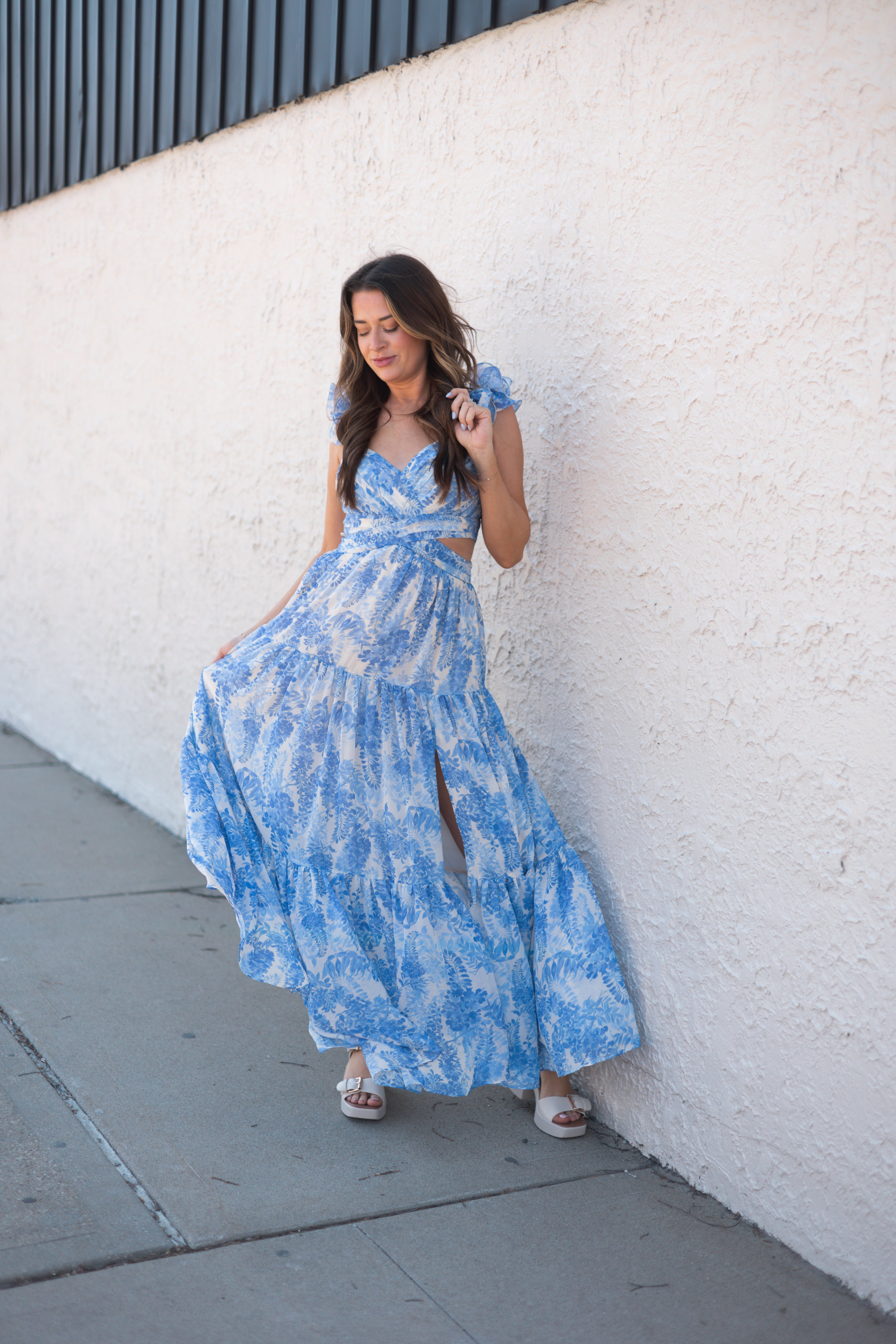 Kenzie Blue Floral Maxi Dress with Cutouts and Slit.
